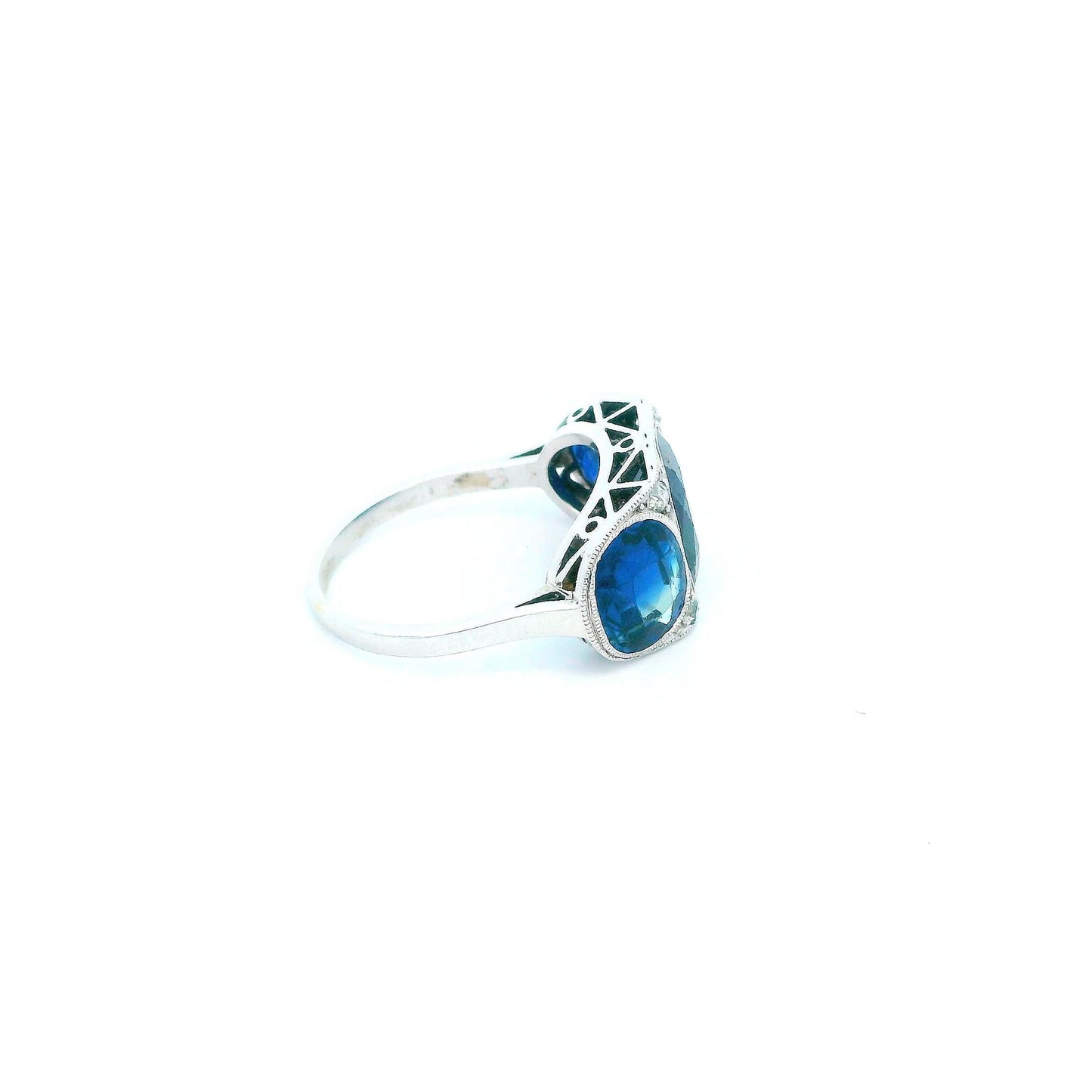 Antique Platinum Ring W/ 3 Blue Sapphire