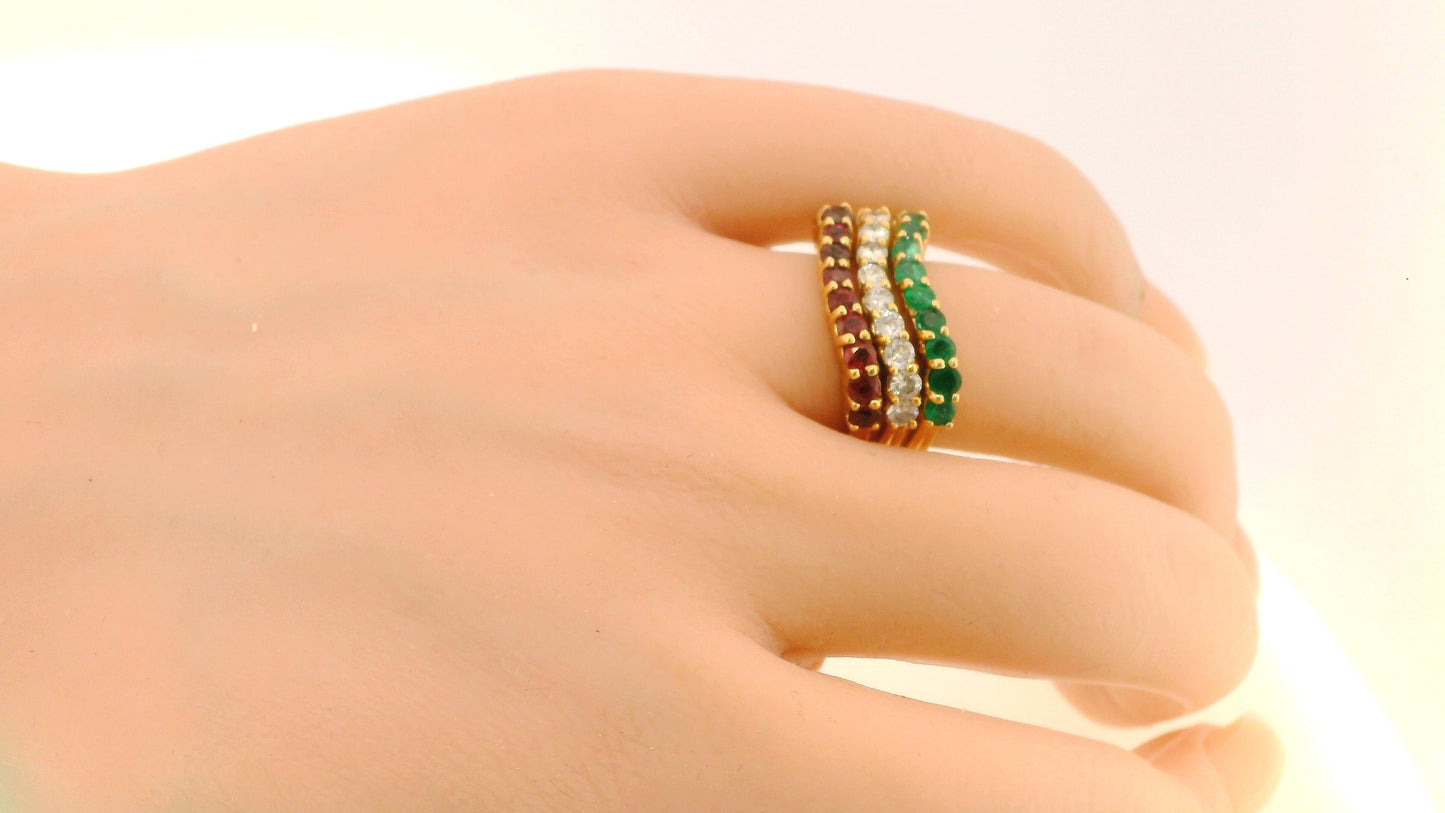 Stacked Three Curved Rings Ruby, Emerald & Diamond in 14K Yellow Gold