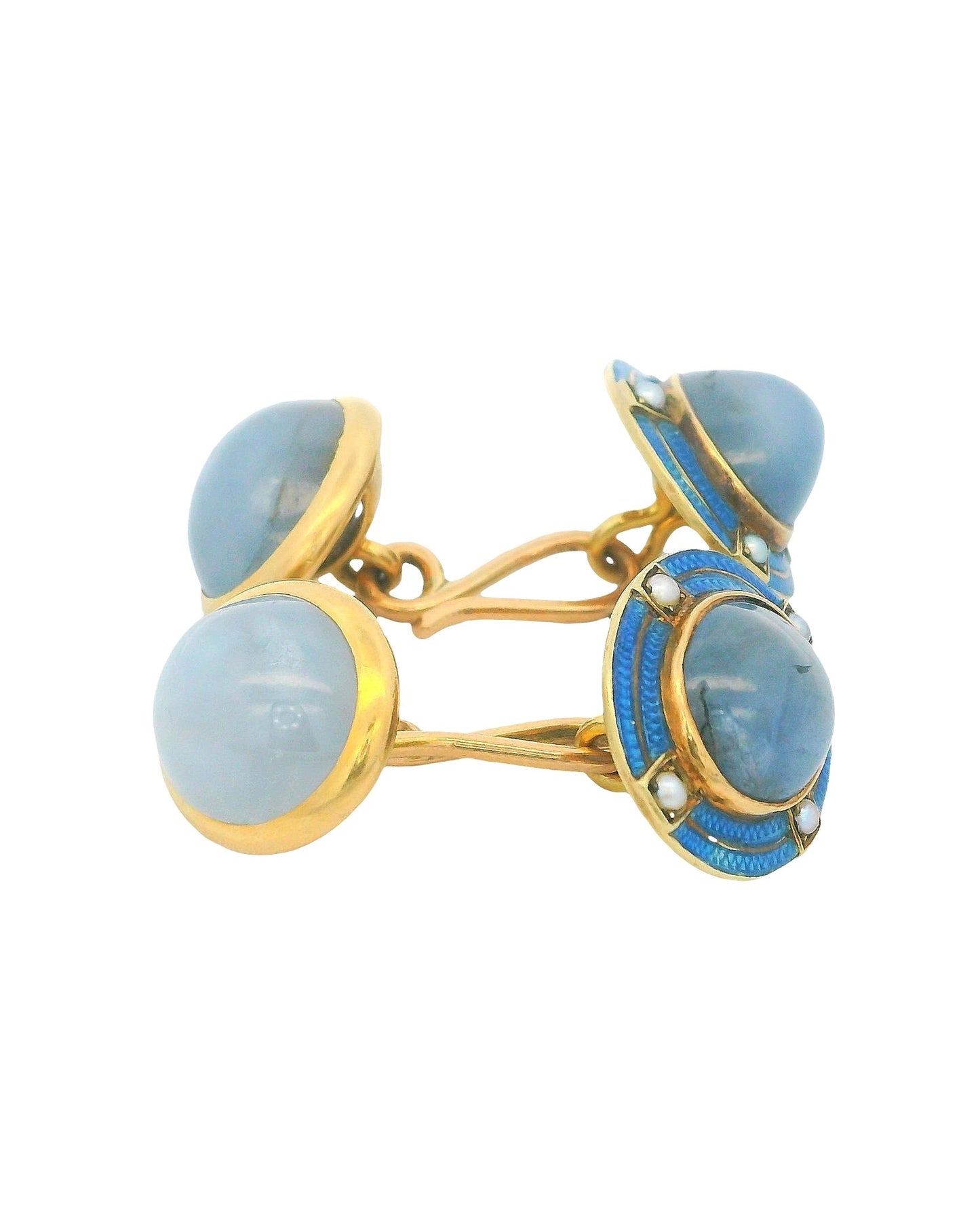 Two Cabochon Star sapphire & Chalcedonies 14K Yellow Gold Cufflinks