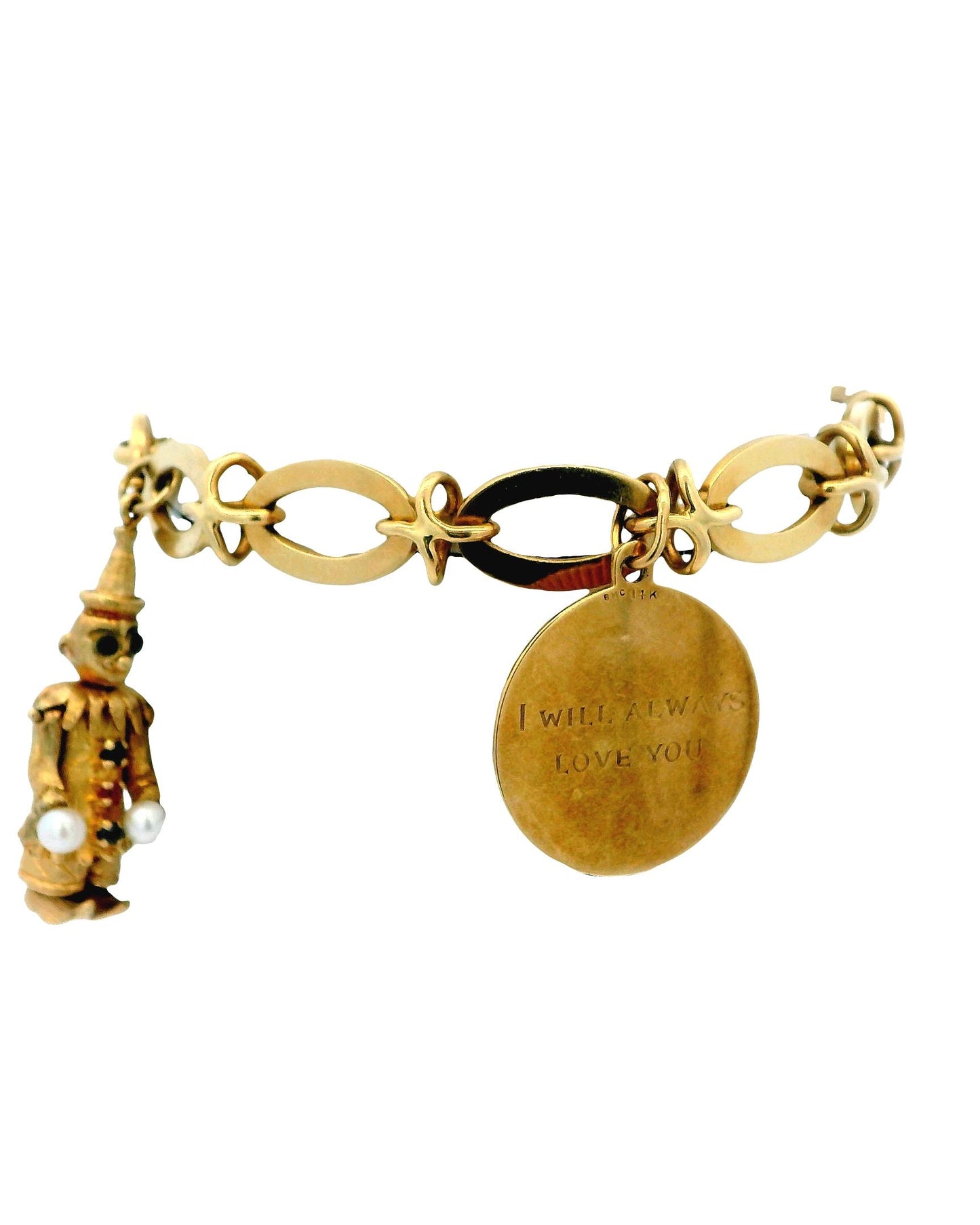 Articulated Clown, Shoes & Disc 14K Charm Bracelet
