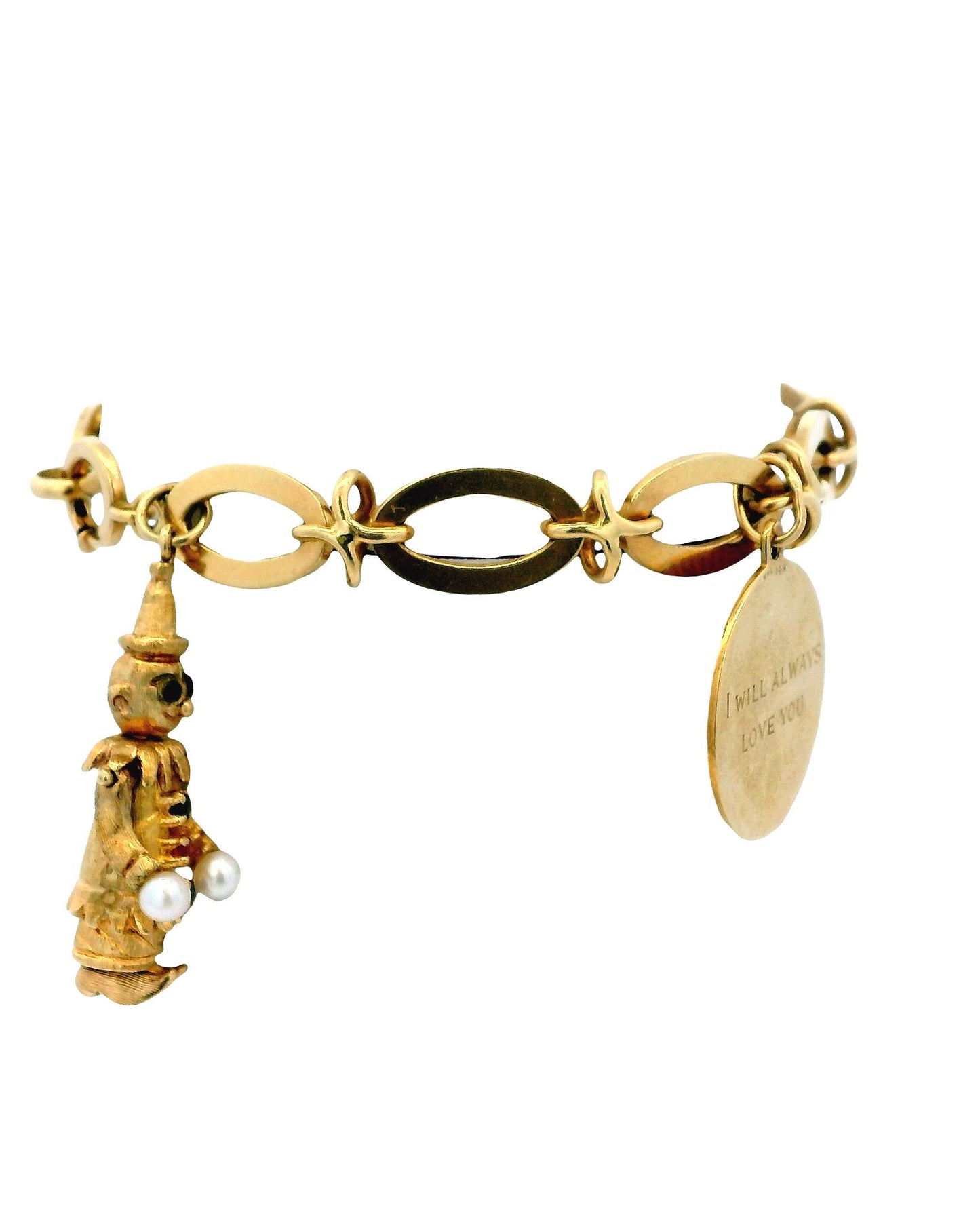 Articulated Clown, Shoes & Disc 14K Charm Bracelet