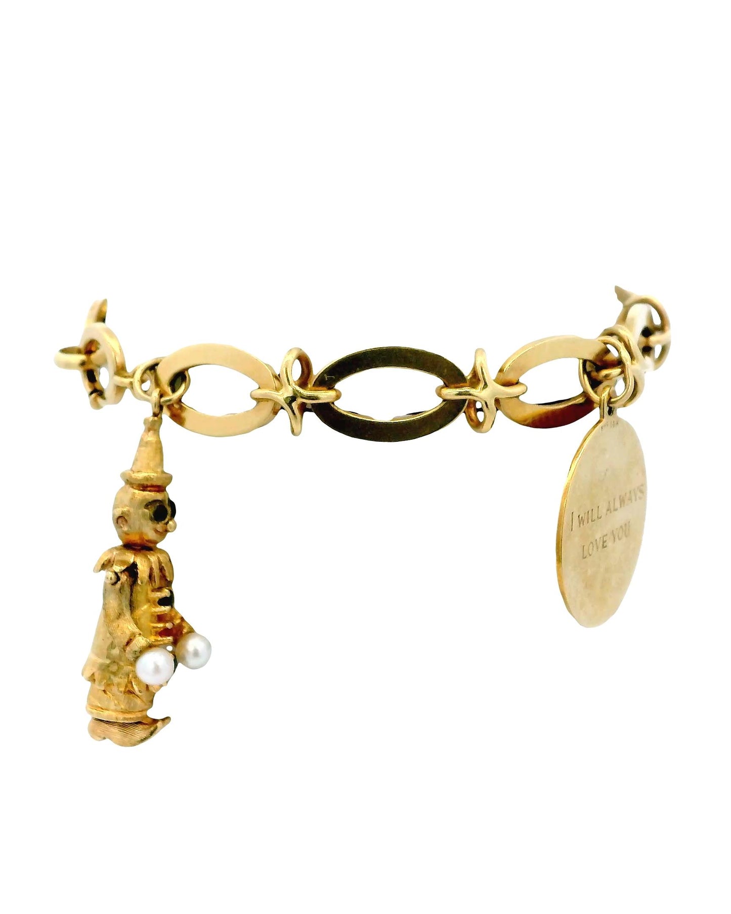 Articulated Clown, Shoes & Disc 14K Charm Bracelet