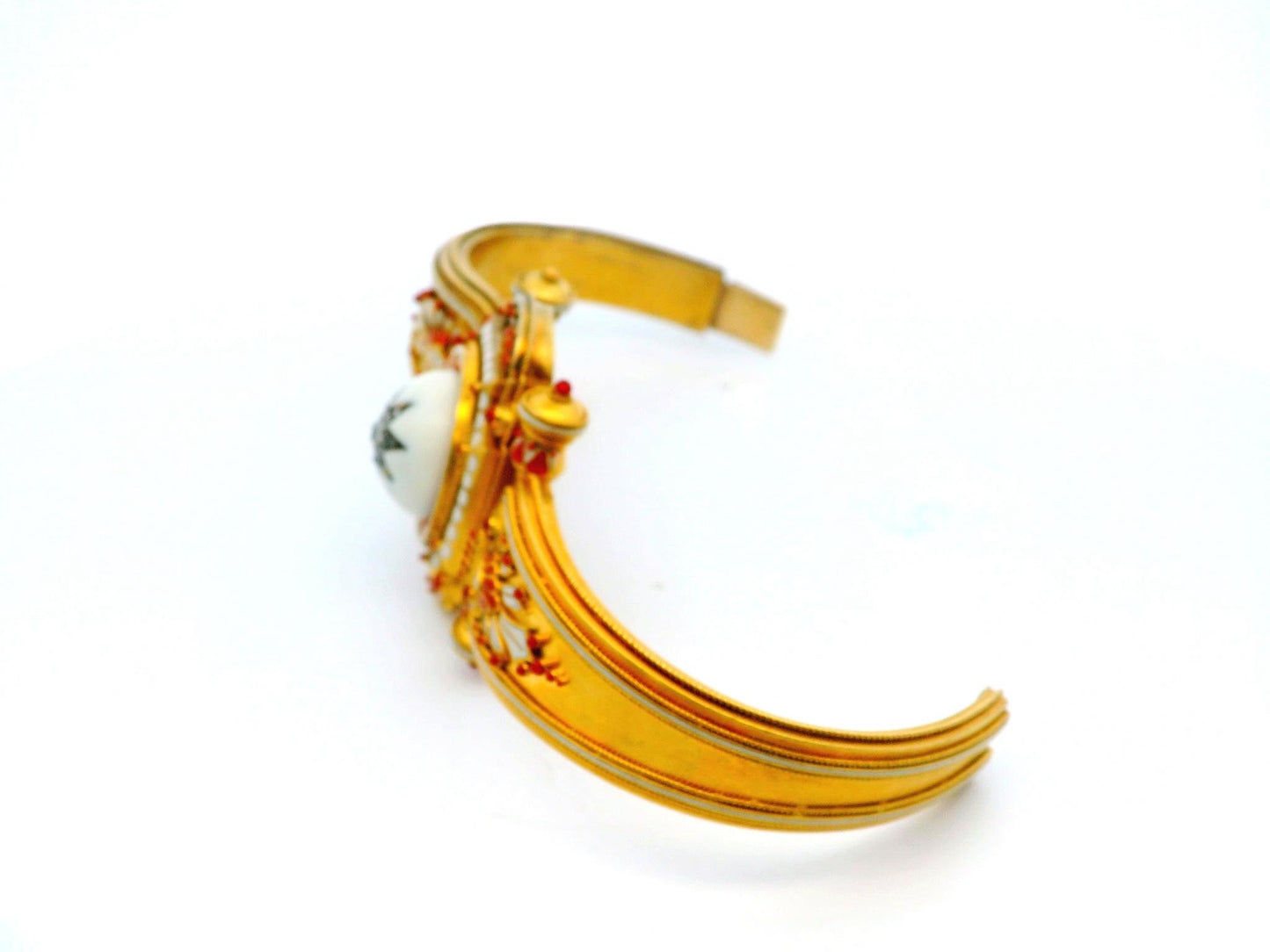 Etruscan Revival Coral/iv Enamel Rose Cut Diamond Center