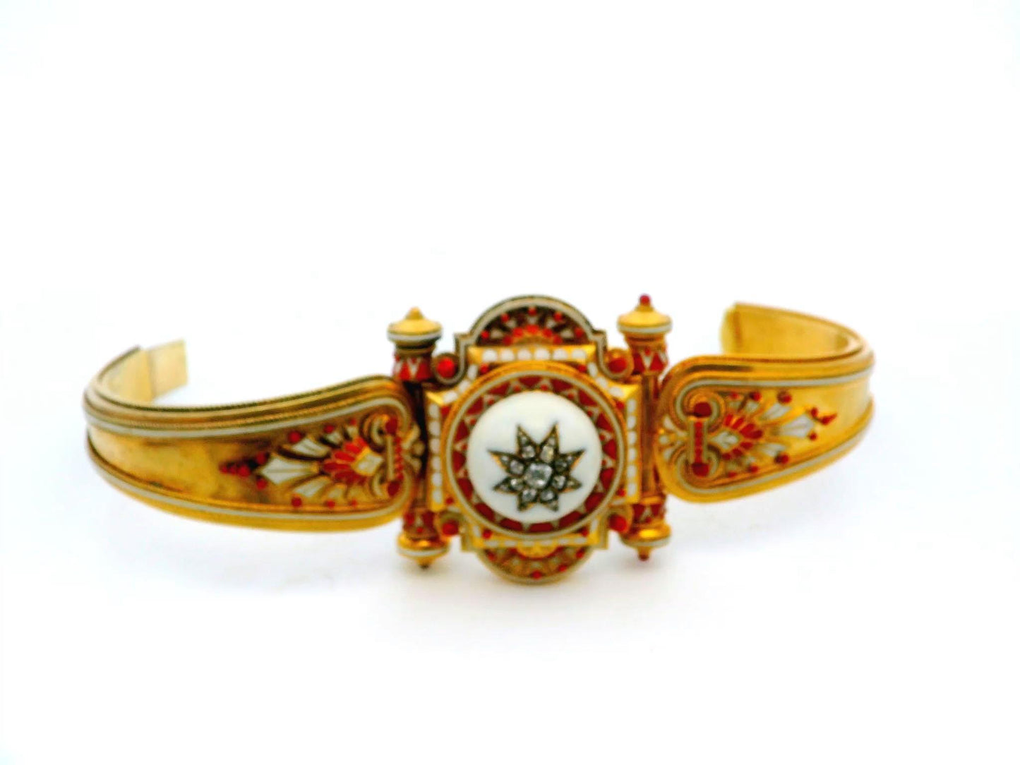 Etruscan Revival Coral/iv Enamel Rose Cut Diamond Center