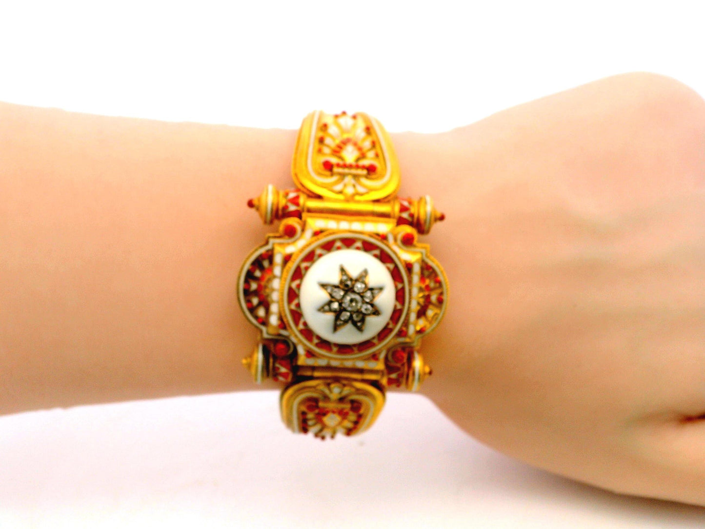 Etruscan Revival Coral/iv Enamel Rose Cut Diamond Center