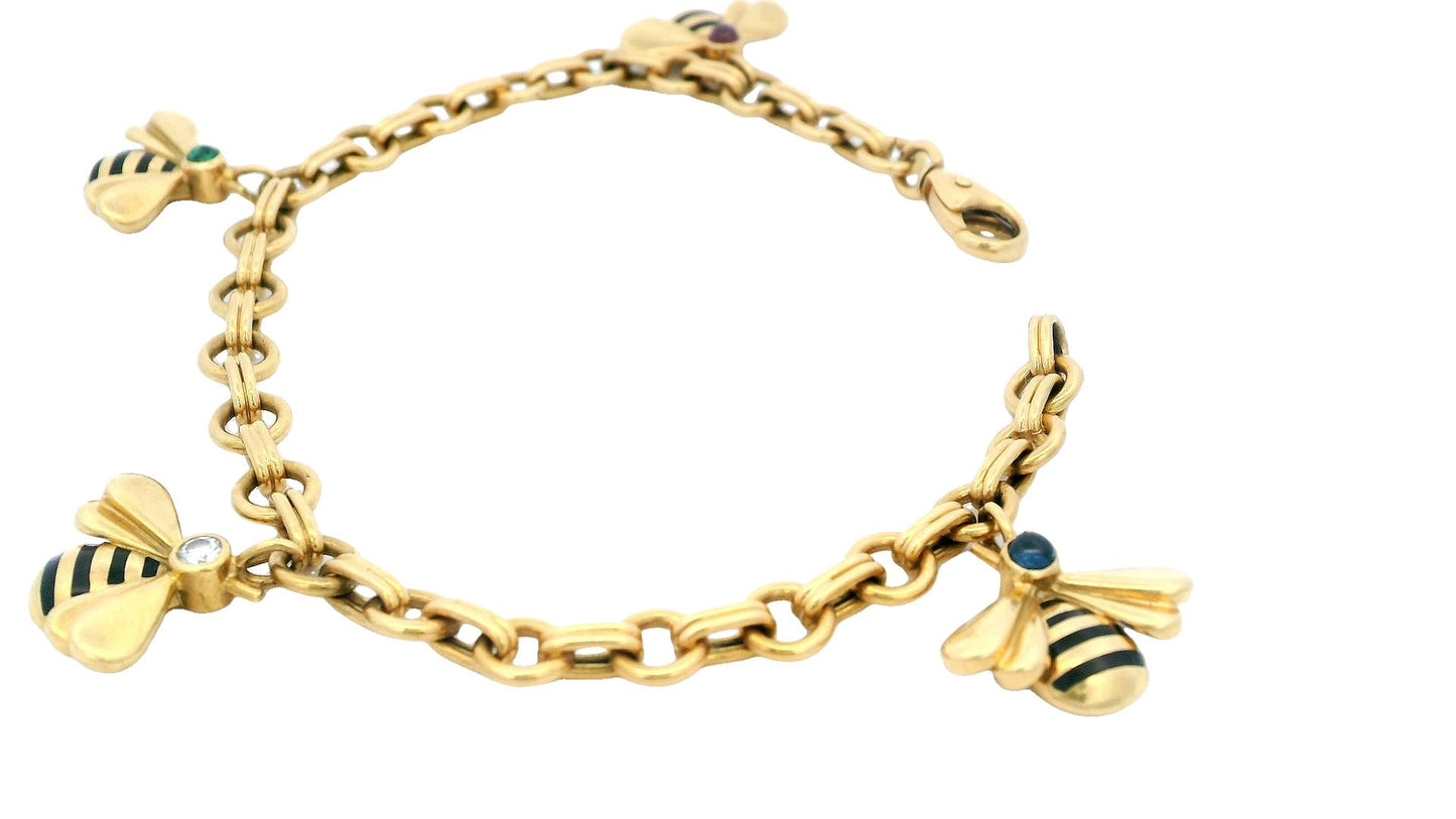 Cartier Vintage Multistone Bee Charm 18K Yellow Gold Bracelet