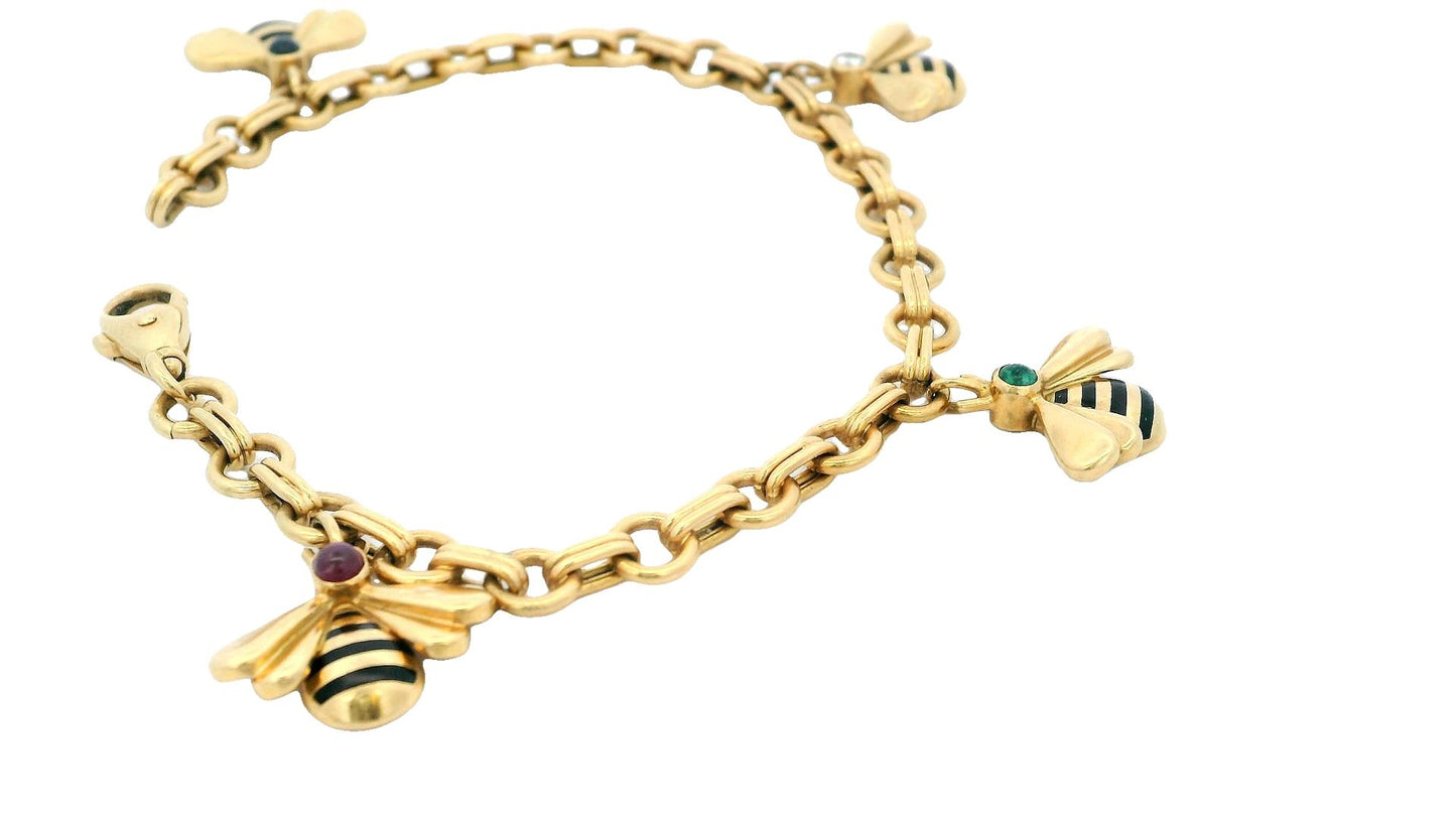Cartier Vintage Multistone Bee Charm 18K Yellow Gold Bracelet