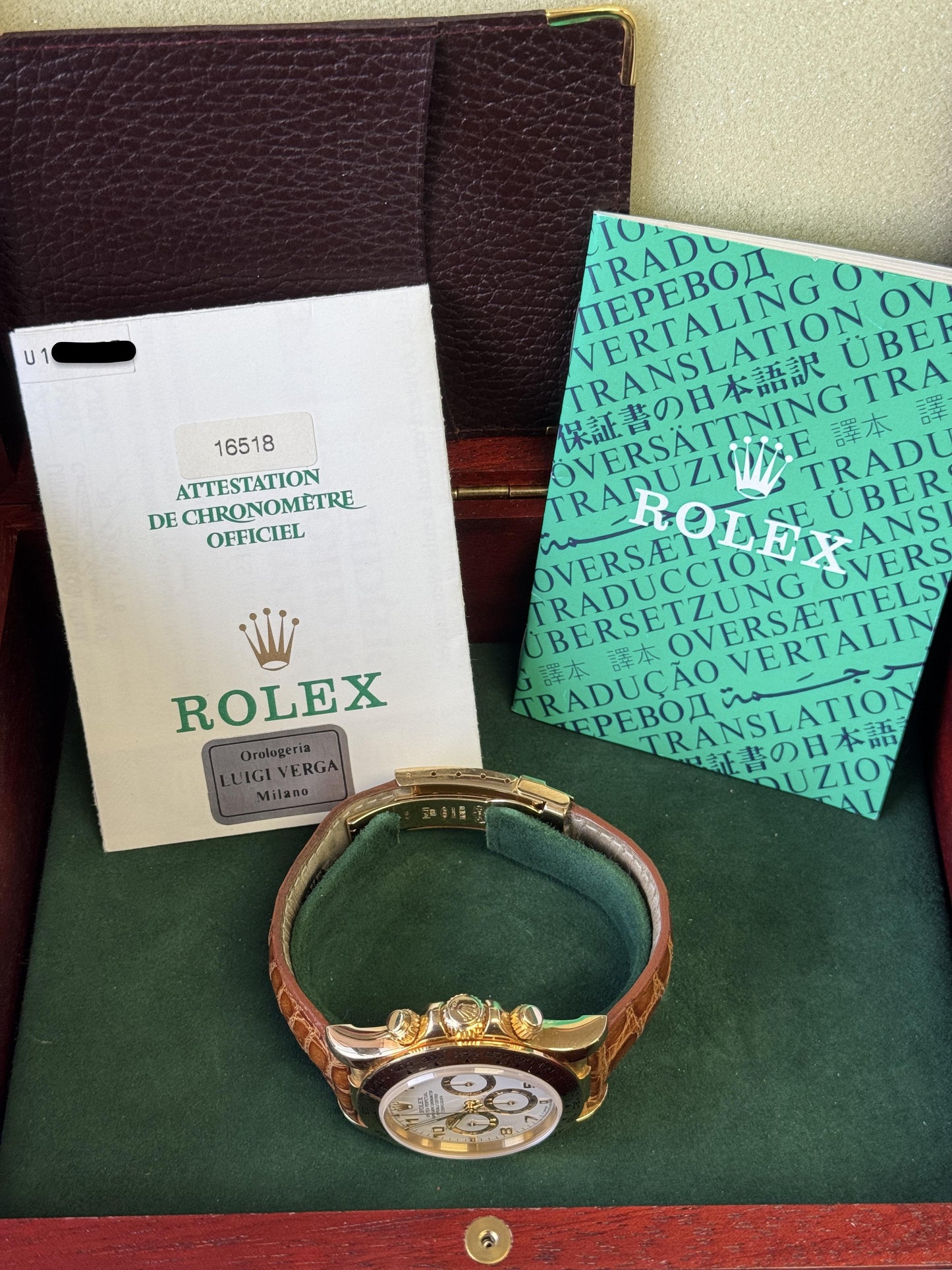 Rolex Daytona 16518 18K Yellow Gold White Dial Watch Box & Papers