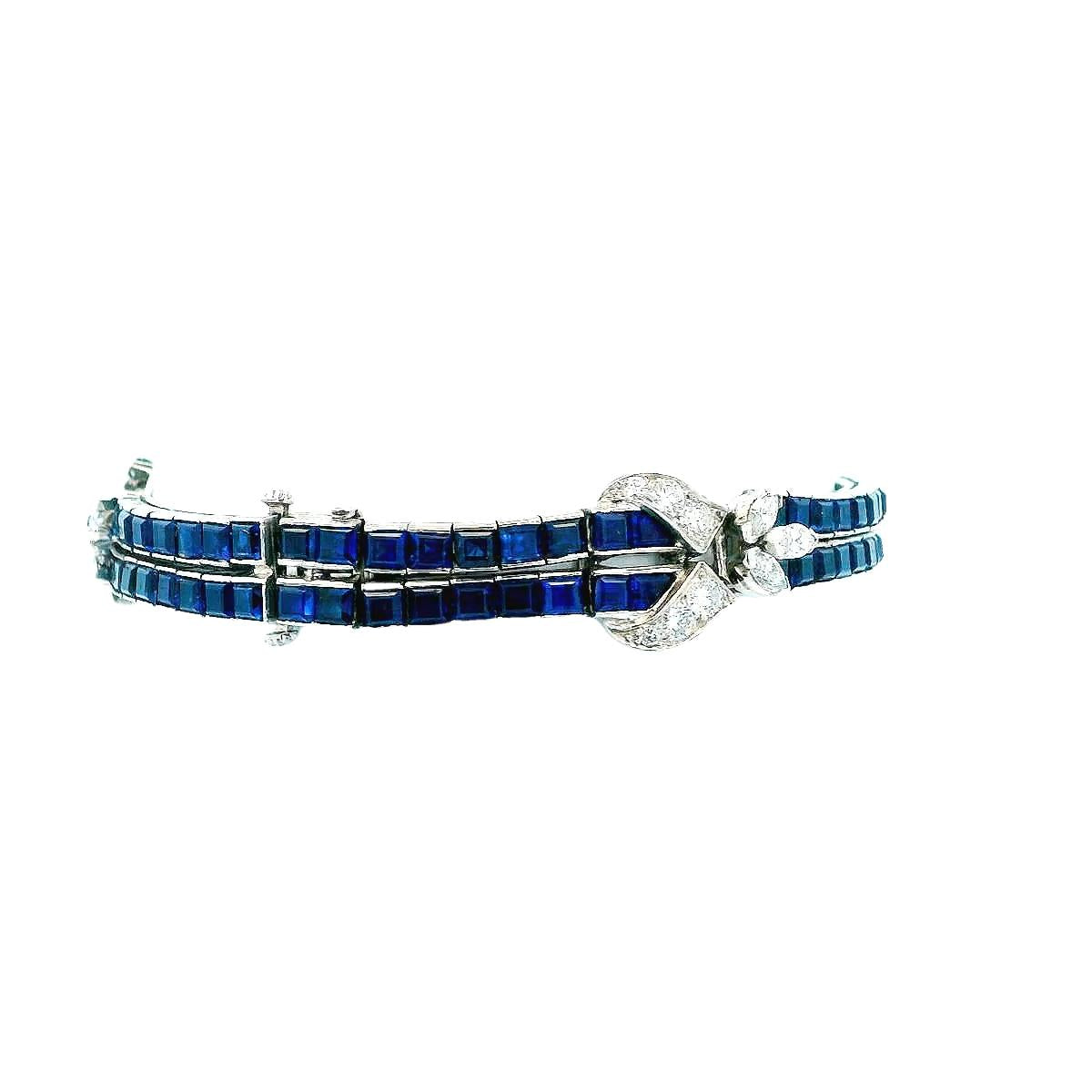 Oscar Heyman Double Line Sapphire Bracelet W/Three Diamond Stations