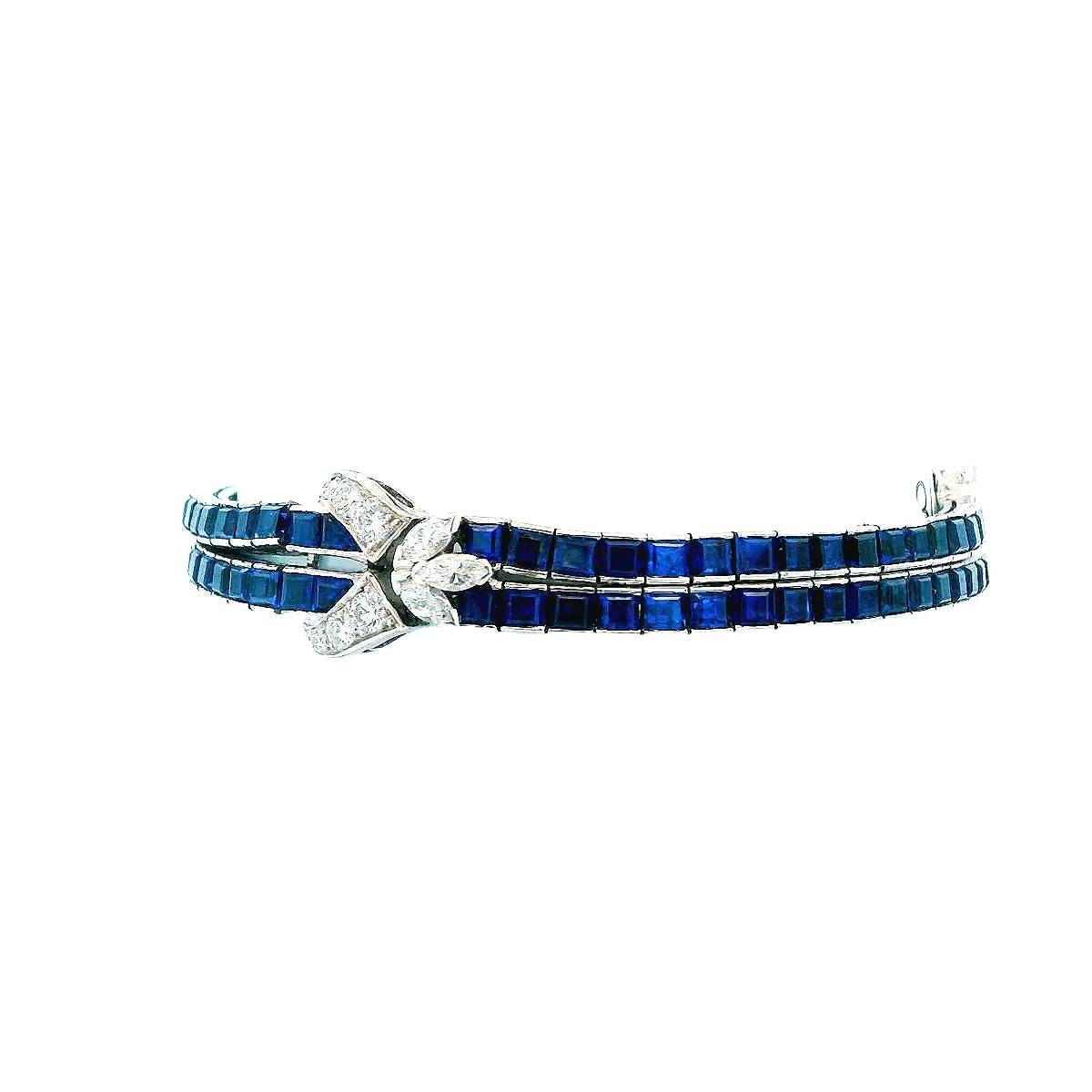 Oscar Heyman Double Line Sapphire Bracelet W/Three Diamond Stations
