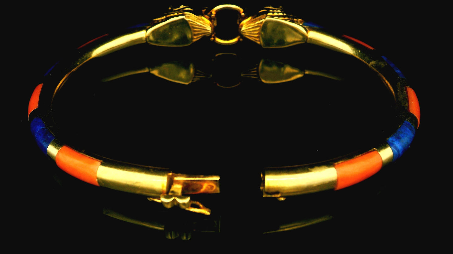 Antique 18K Yellow Gold Two Panther Heads Lapis & Cl inlays Bangle