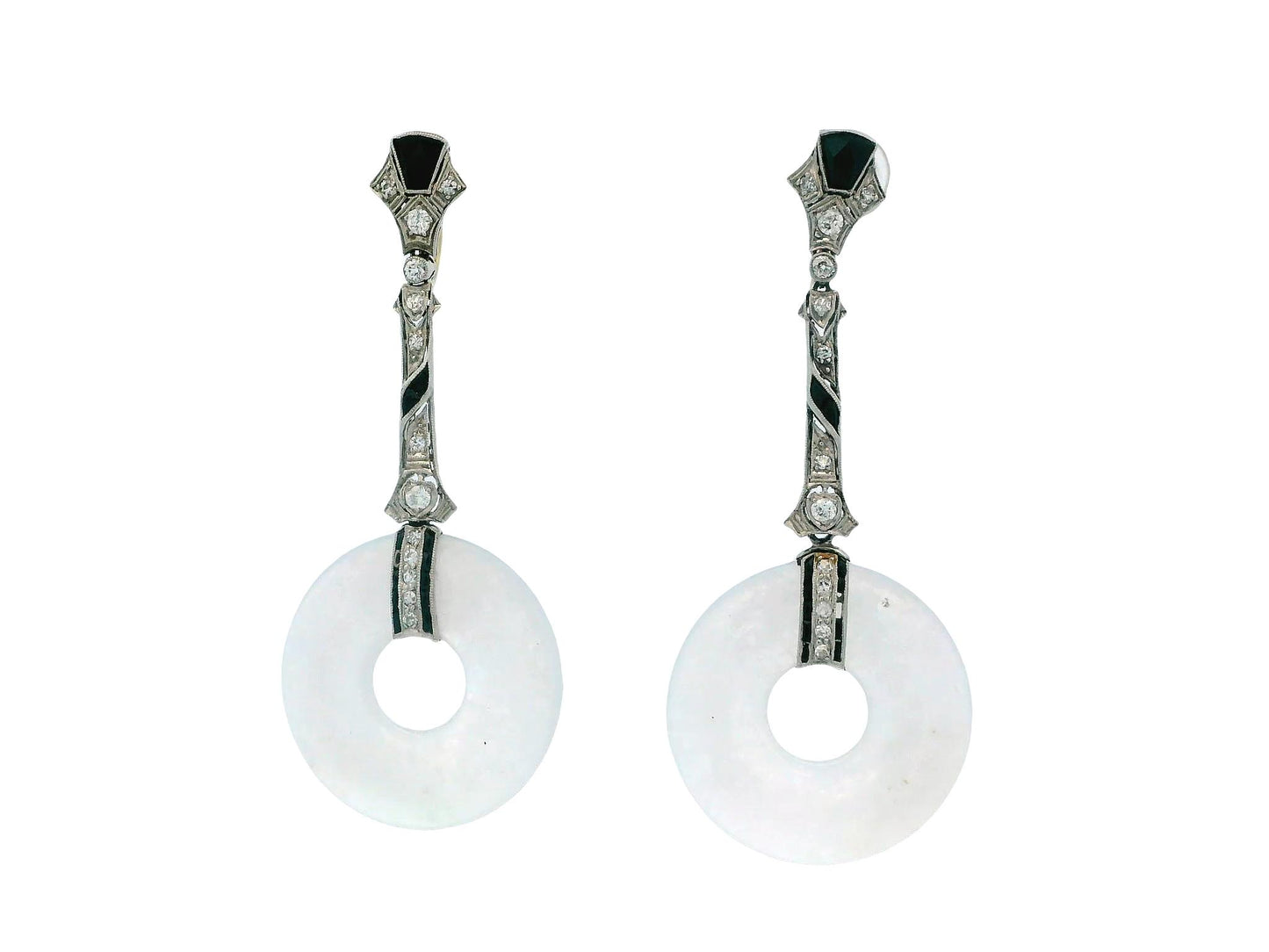 Art Deco Diamond & White "A" Jade Disc Earrings