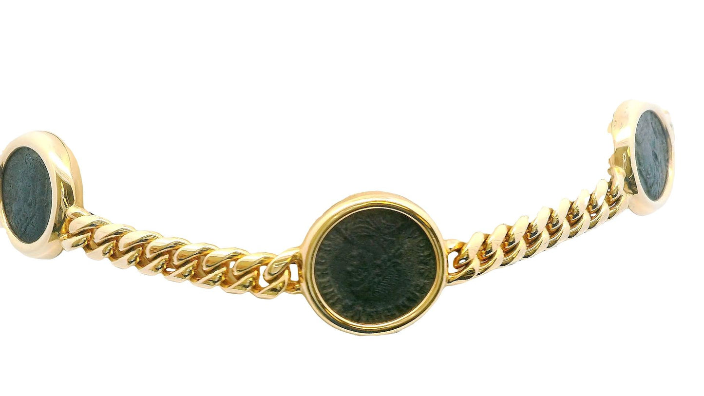Bvlgari Monete Curb 18k Yellow Gold 7 Ancient Coin Necklace W/Service Papers
