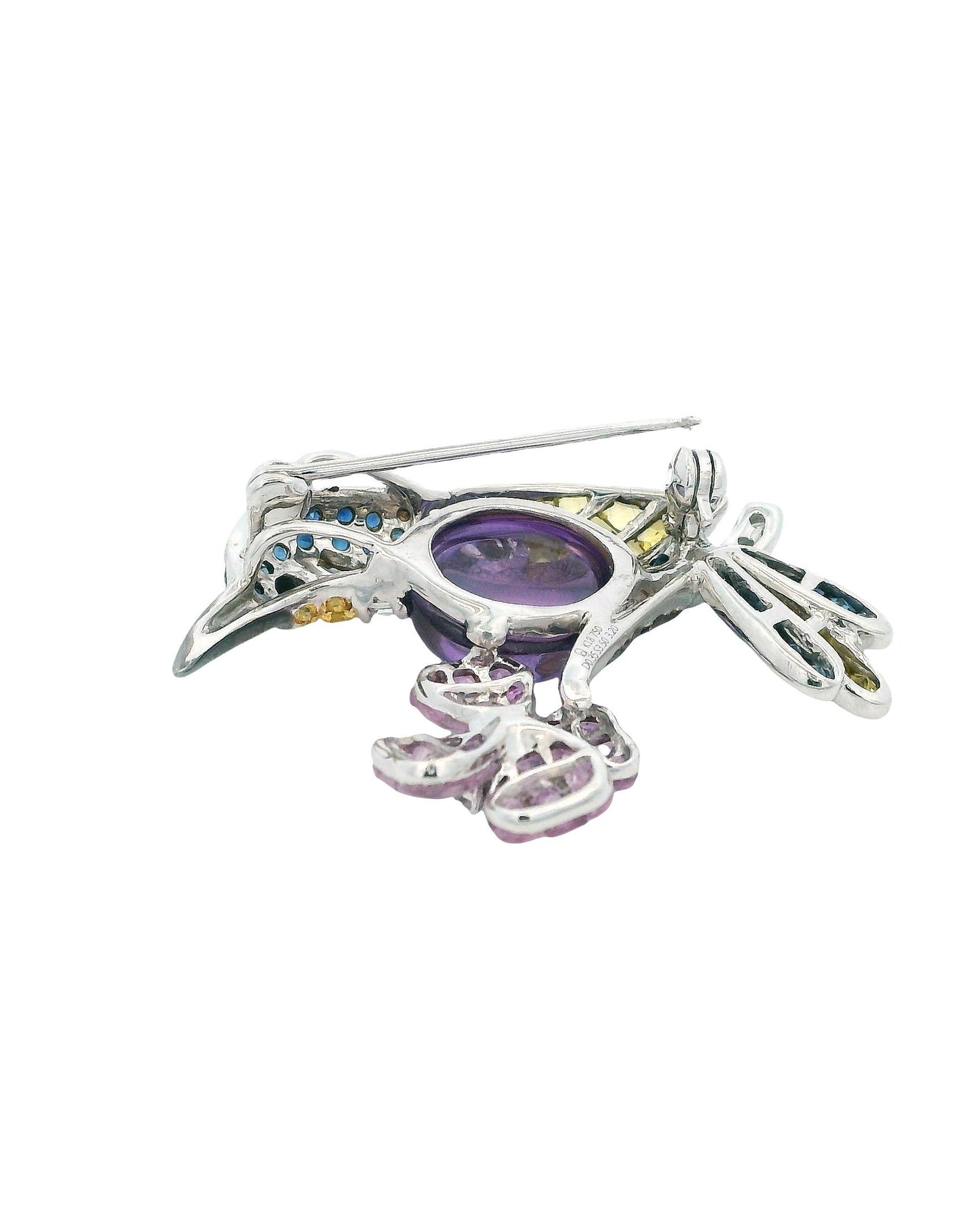 18K White Gold Bird Brooch W/Sapphire & Diamond & Centered Amethyst