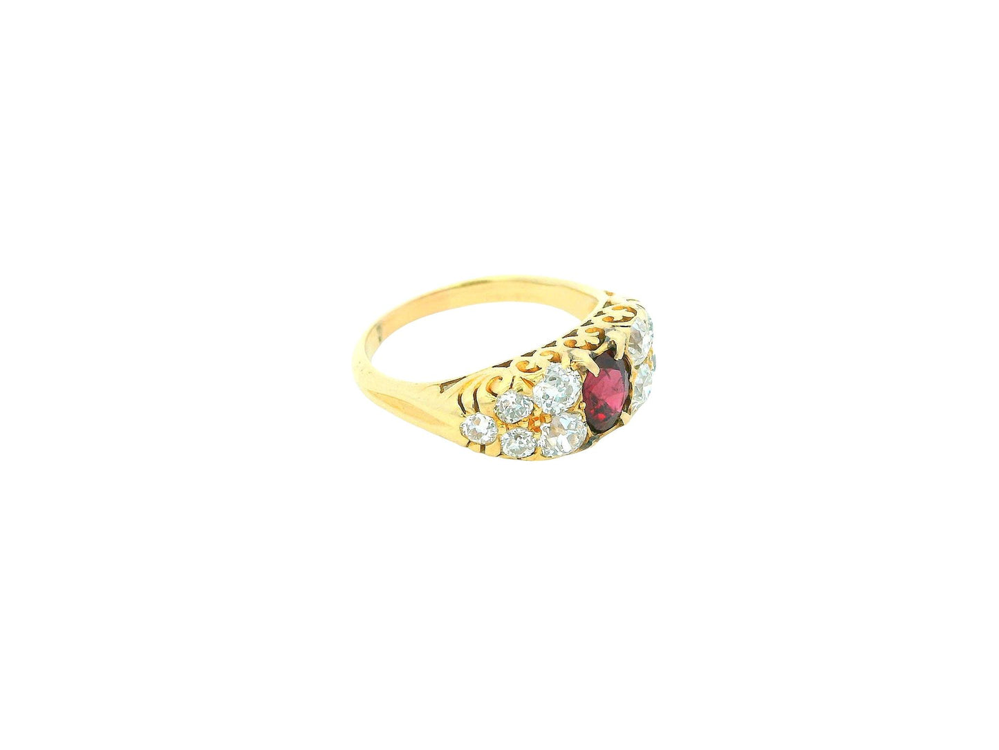 Antique 18K Yellow Gold Filigree Ruby Pave Sides Ring