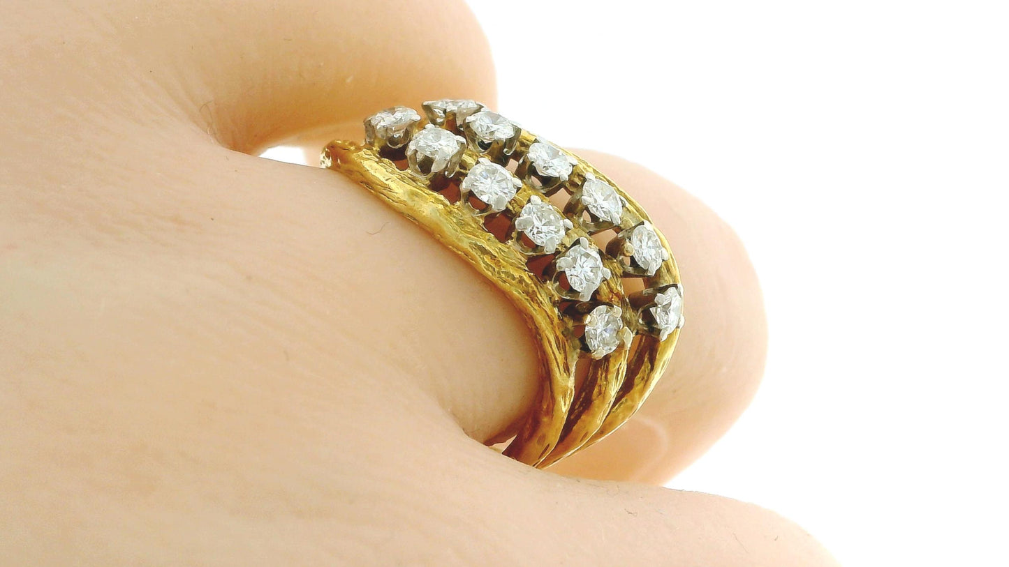 18K Yellow Gold Three Row with Diamond Ring