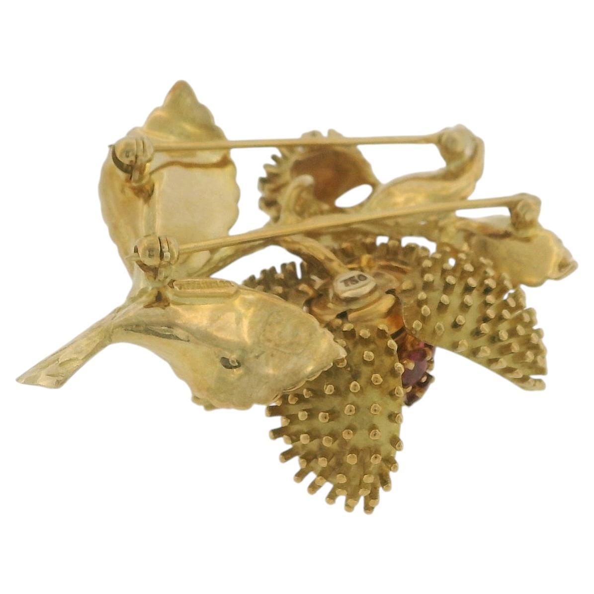 Tiffany & Co. 18K Yellow Gold, Ruby and Diamond Flower Brooch Double Pin Back