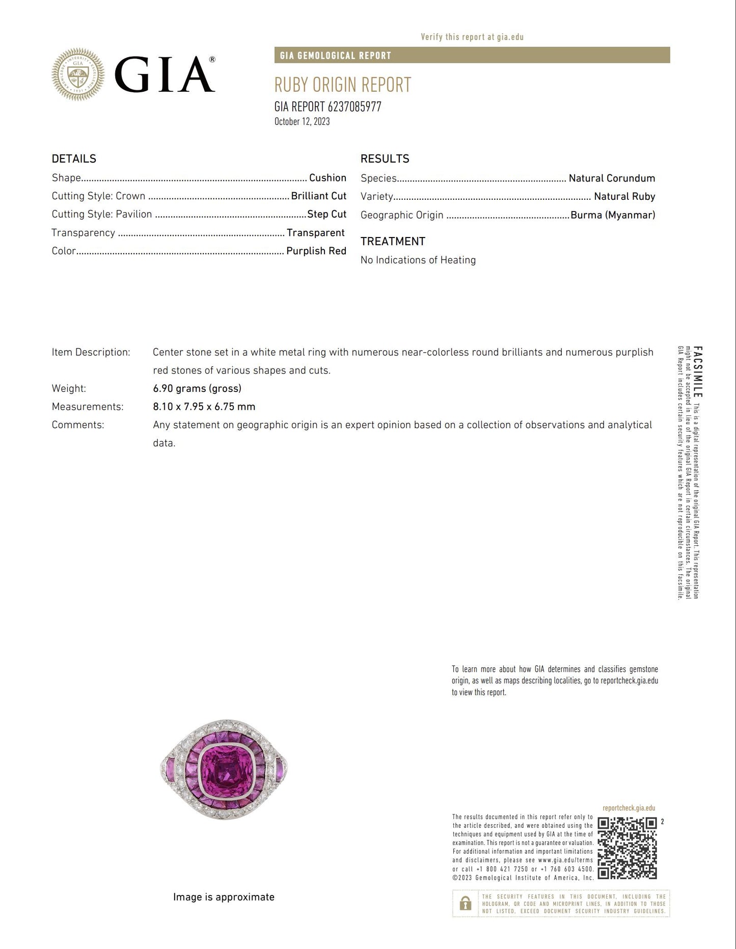 4.57 Carat Cushion Ruby, Diamonds and Halfmoon Rubies Side GIA Certified Ring