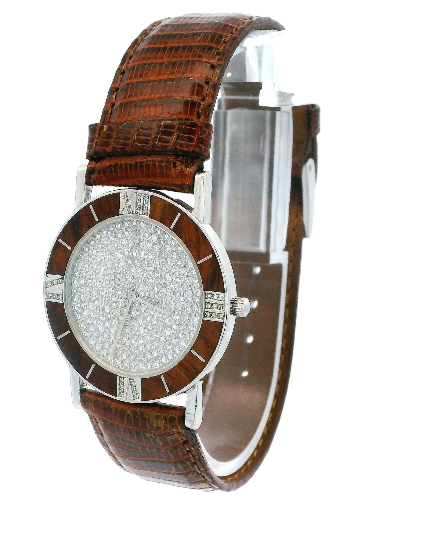 Corum Wood Roman Diamond Bezel Pave Dial Platinum Watch