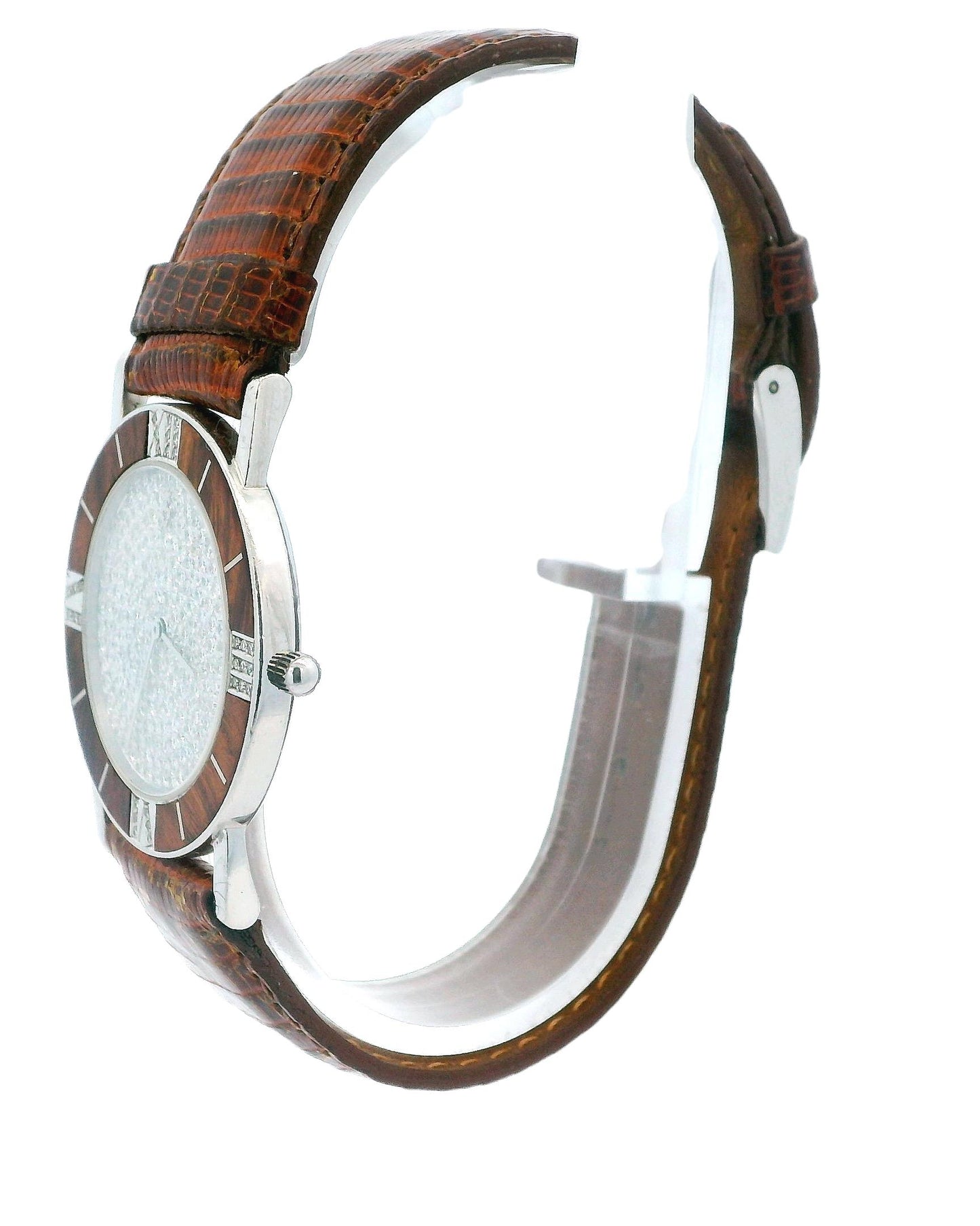 Corum Wood Roman Diamond Bezel Pave Dial Platinum Watch