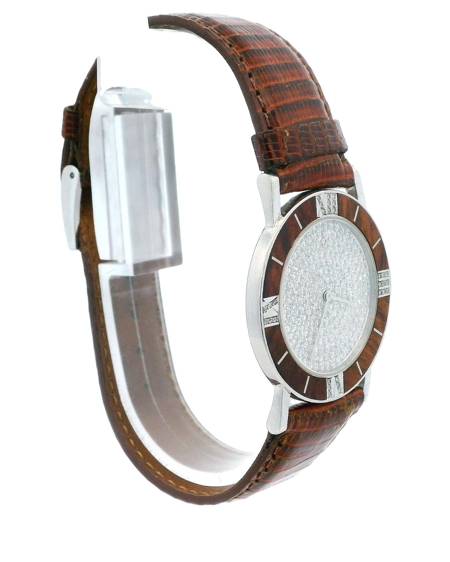 Corum Wood Roman Diamond Bezel Pave Dial Platinum Watch