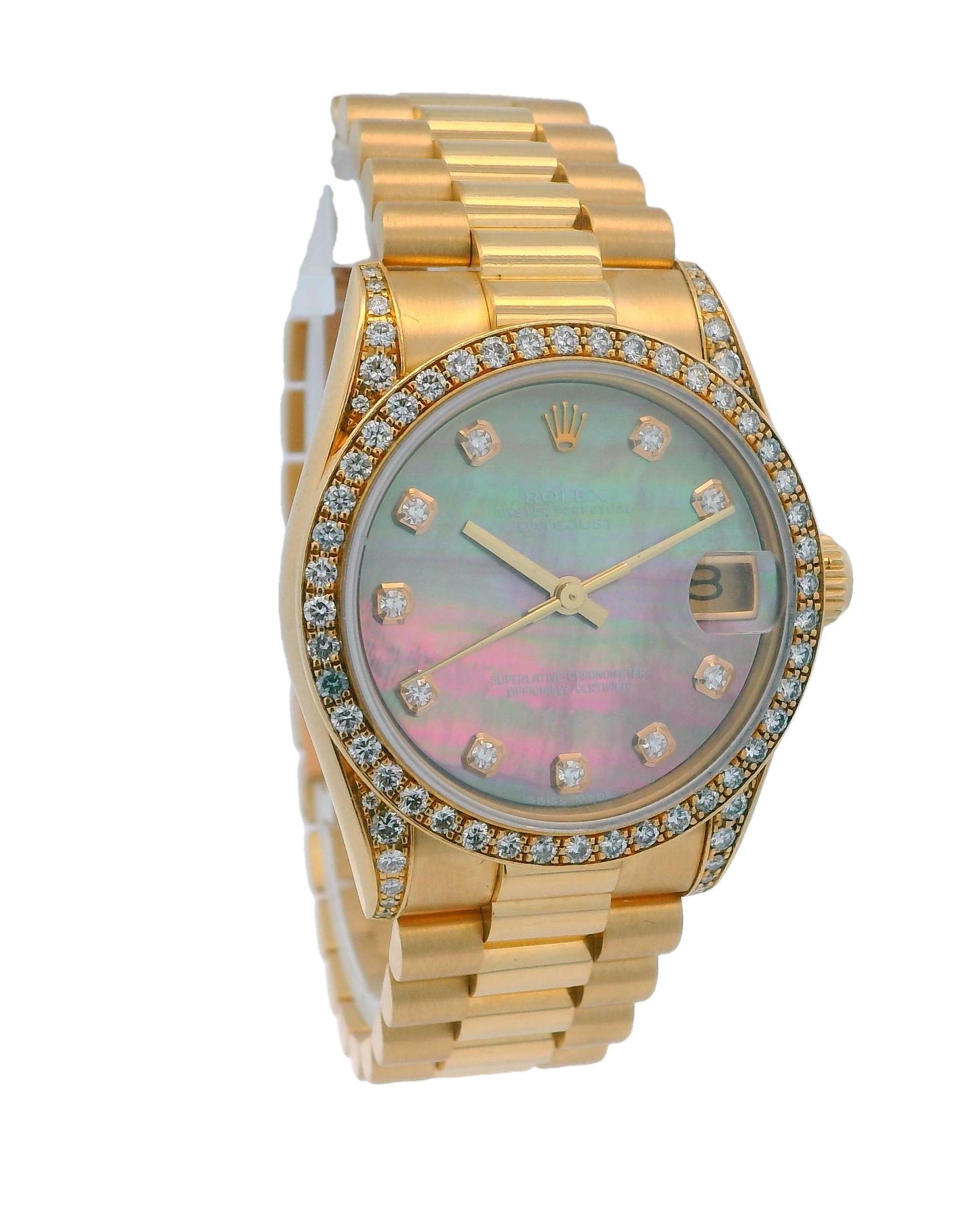 Rolex 68238 Midsize Factory Diamond Lugs & Bezel. Customized MOP Diamond Dial