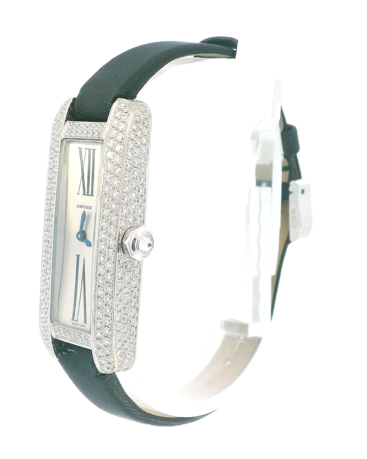 Cartier Tank-S 18K White Gold Pave Case & Buckle Box & Papares