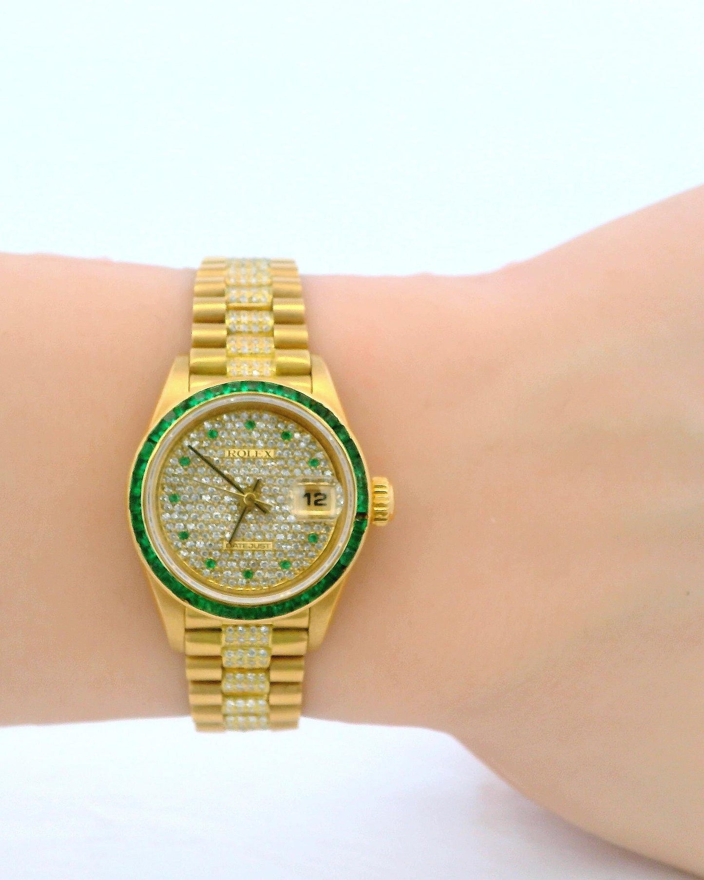 Rolex ladies president emerald bezel pave dial emerald markers diamond ctr link