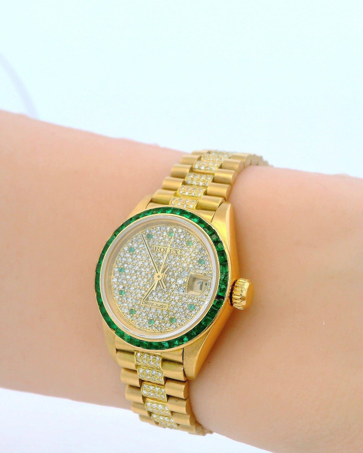 Rolex ladies president emerald bezel pave dial emerald markers diamond ctr link