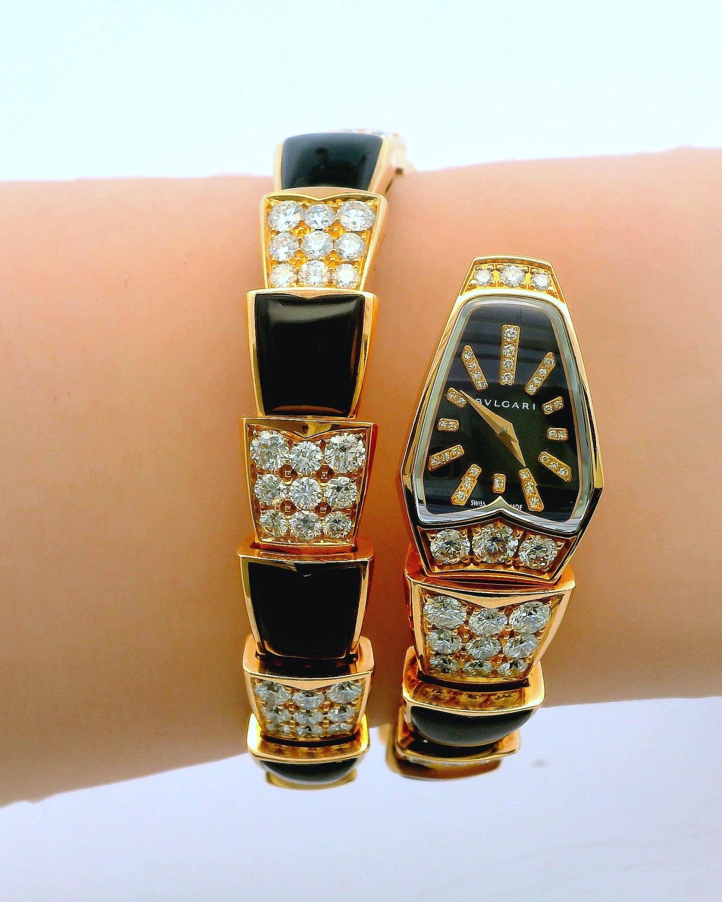 Bvlgari Serpenti Diamond Onyx Quartz Watch W/Papers