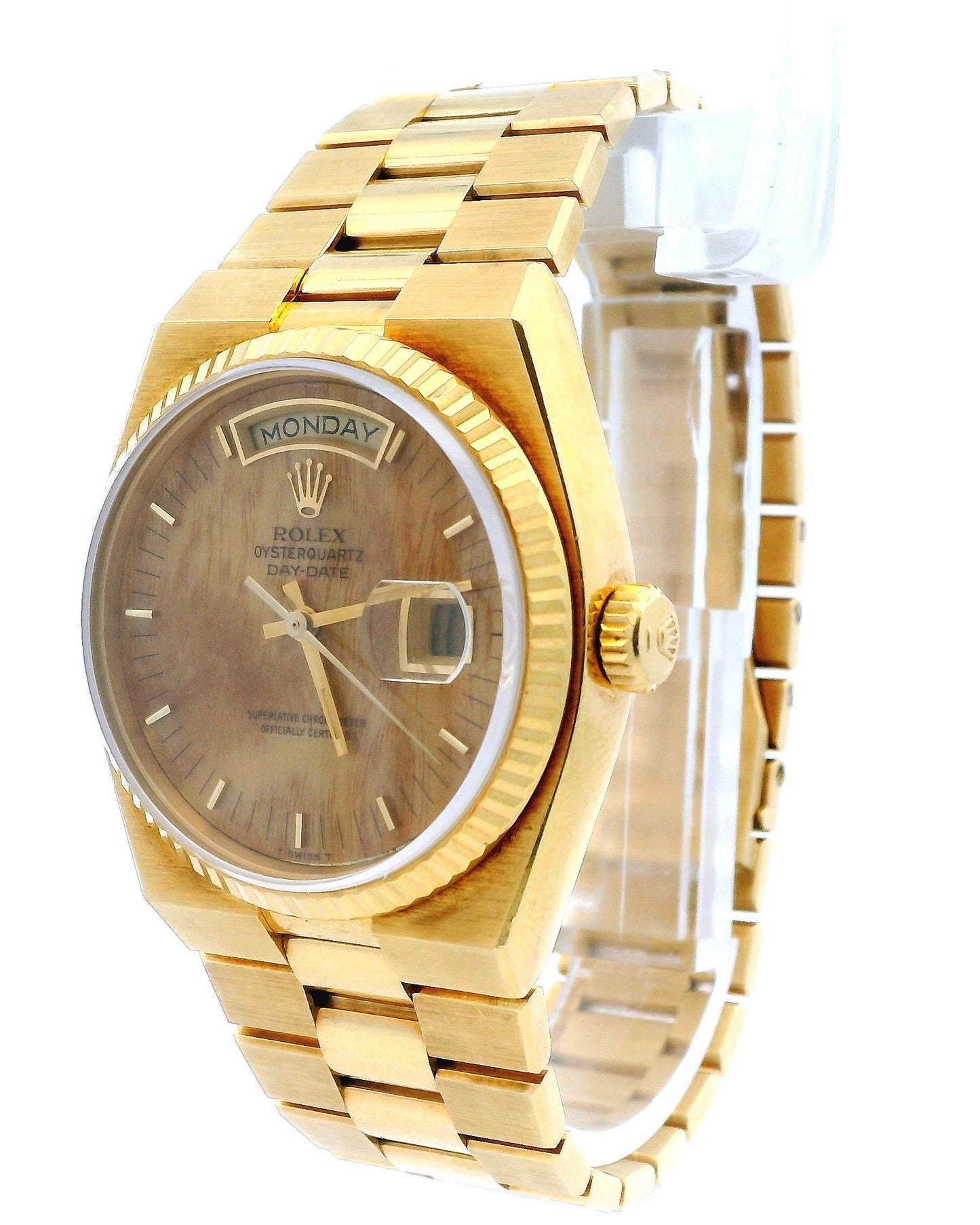 Rolex Day Date Oysterquartz 19018 18K Yellow Gold Burlwood Dial W/Papers
