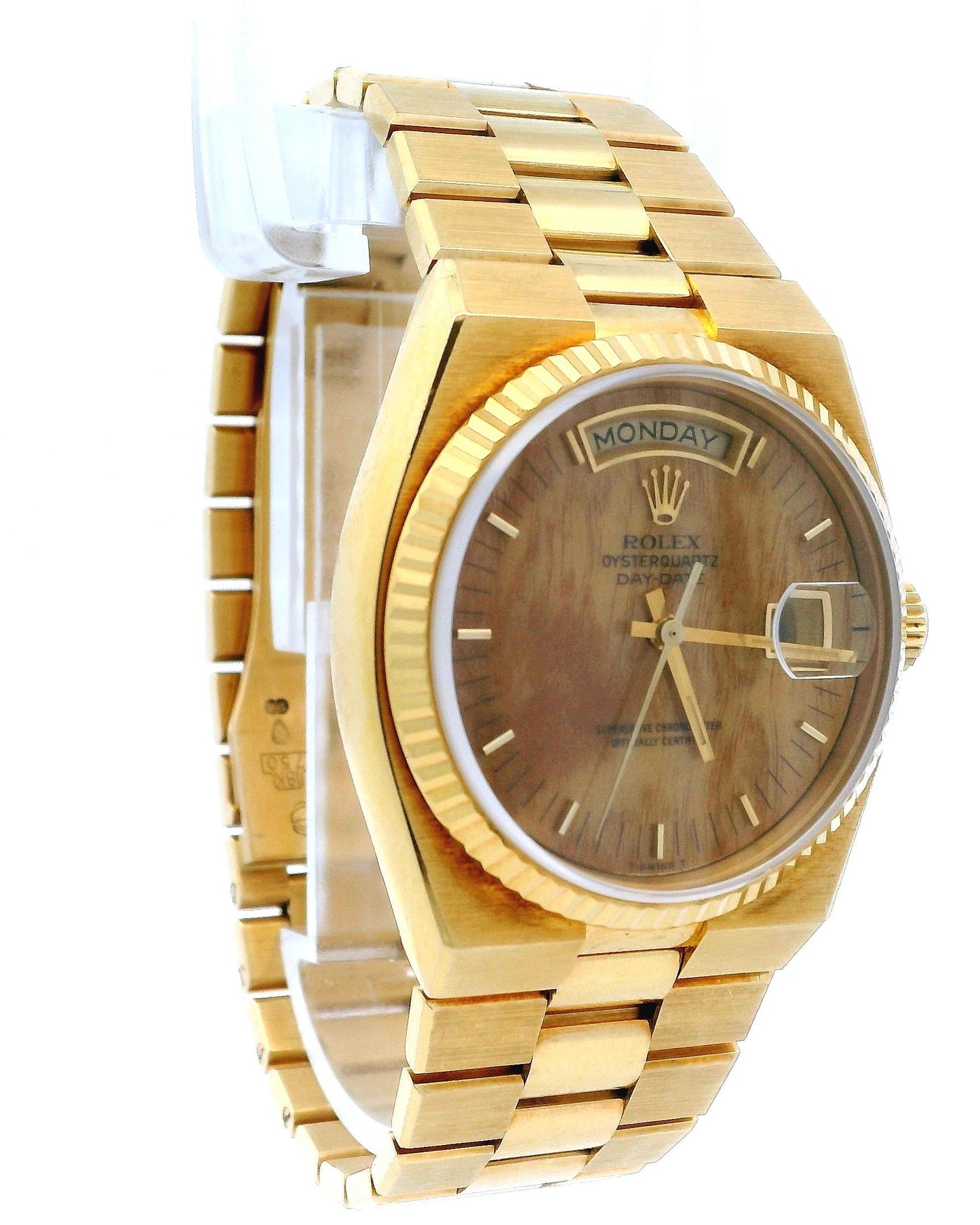 Rolex Day Date Oysterquartz 19018 18K Yellow Gold Burlwood Dial W/Papers