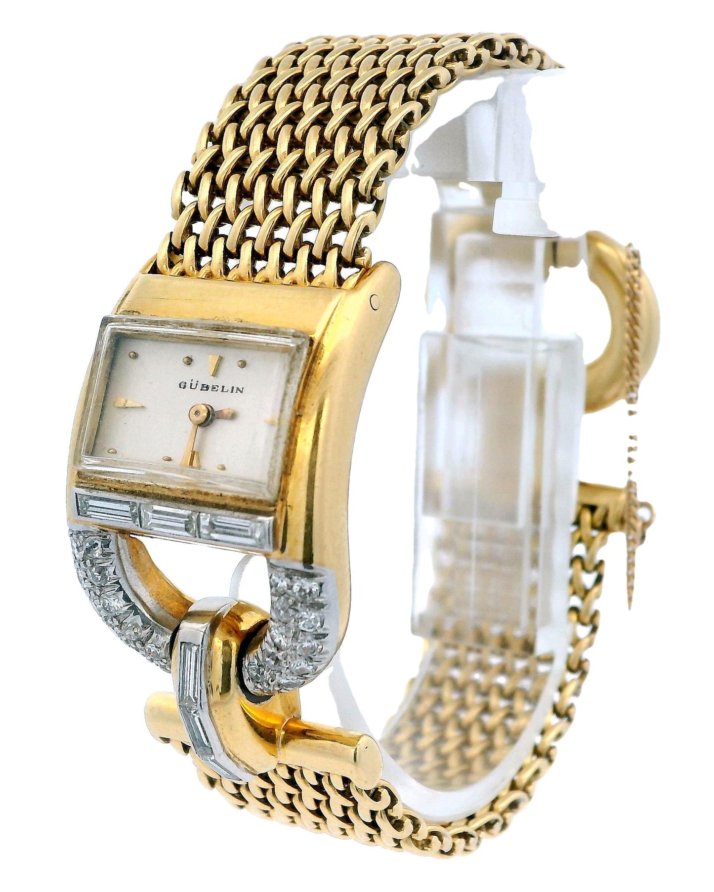 Jaeger Lecoultre-Gubelin 18k Yellow Gold Pave Stirrup Mesh Bracelet Ladies Watch