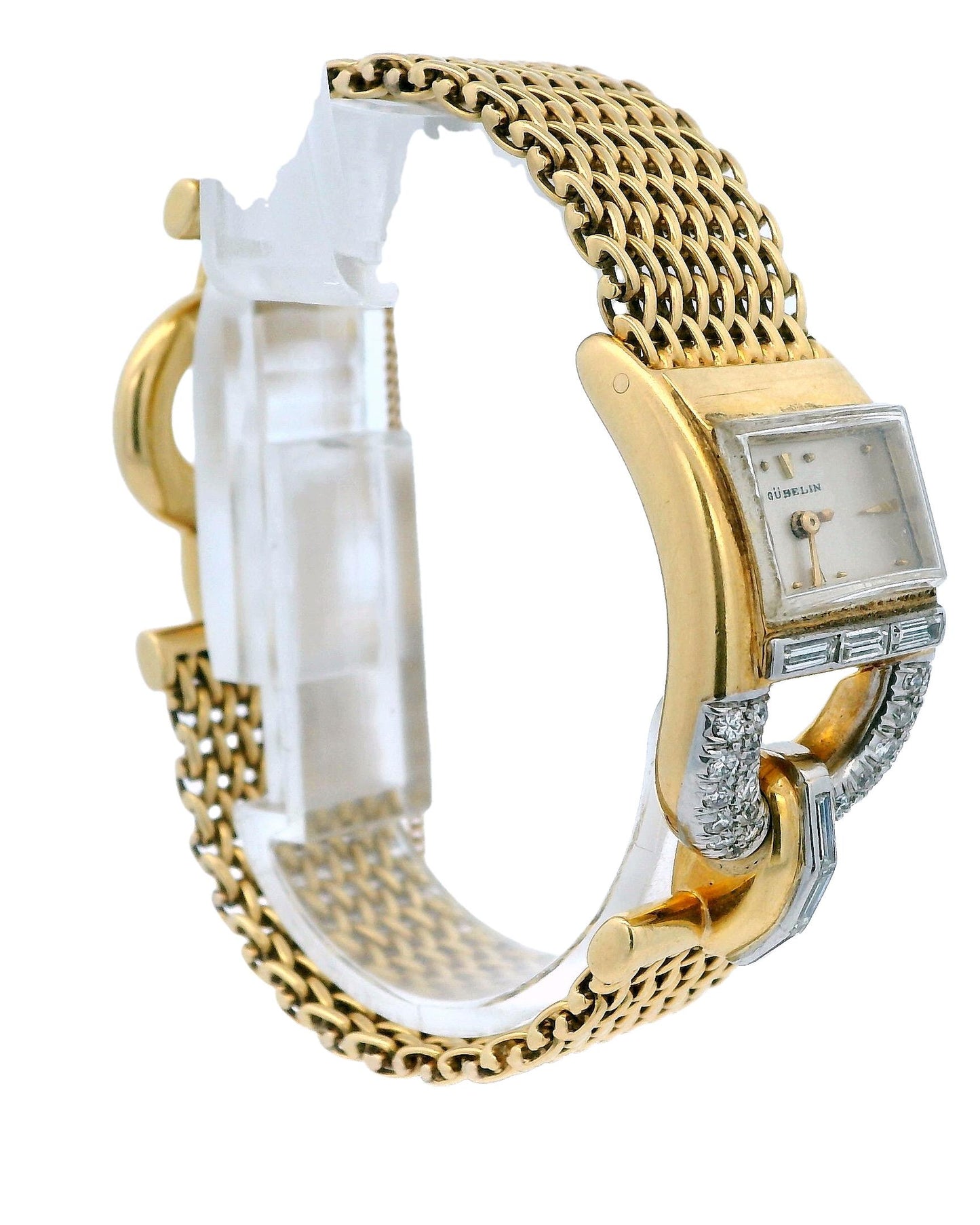 Jaeger Lecoultre-Gubelin 18k Yellow Gold Pave Stirrup Mesh Bracelet Ladies Watch