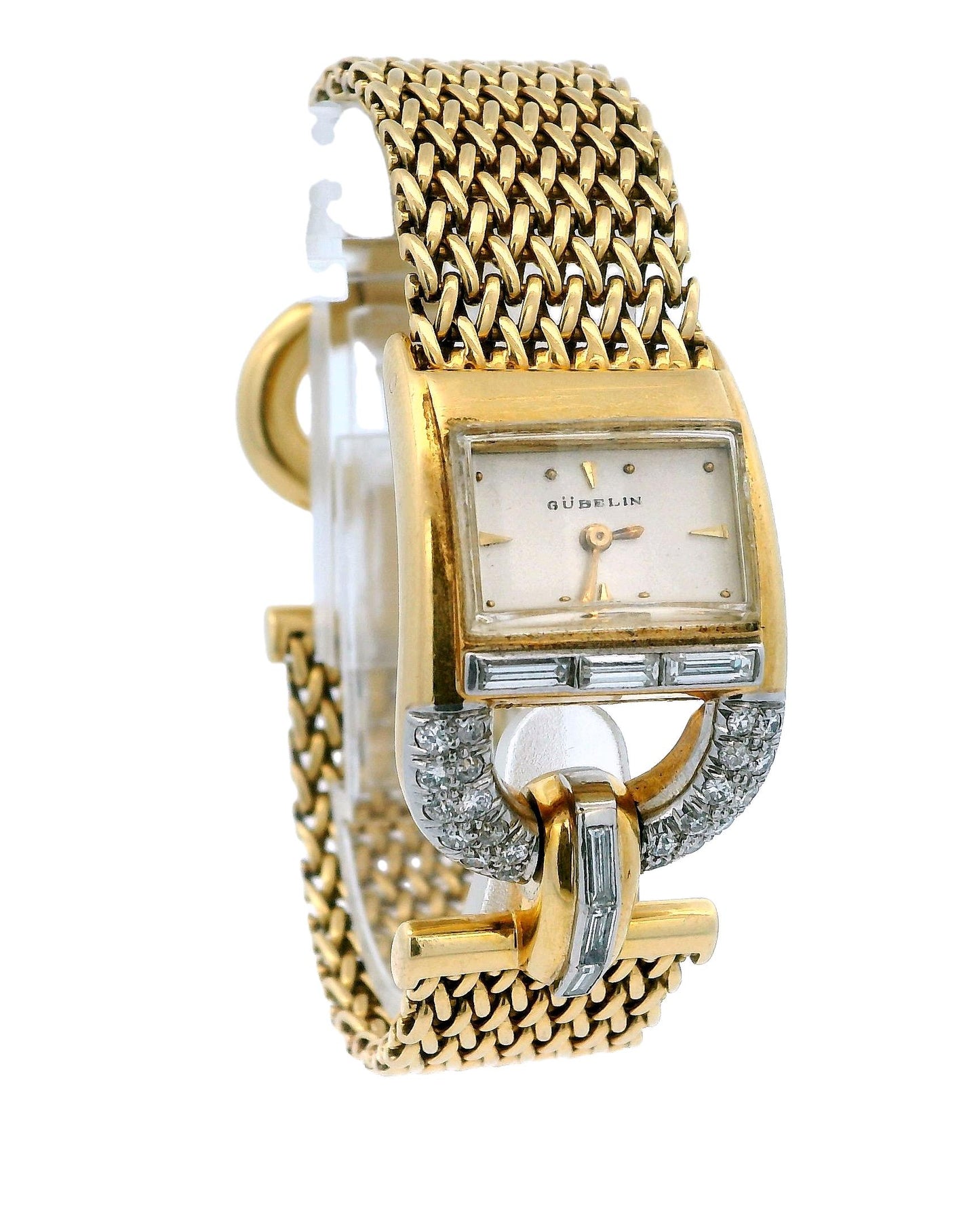 Jaeger Lecoultre-Gubelin 18k Yellow Gold Pave Stirrup Mesh Bracelet Ladies Watch