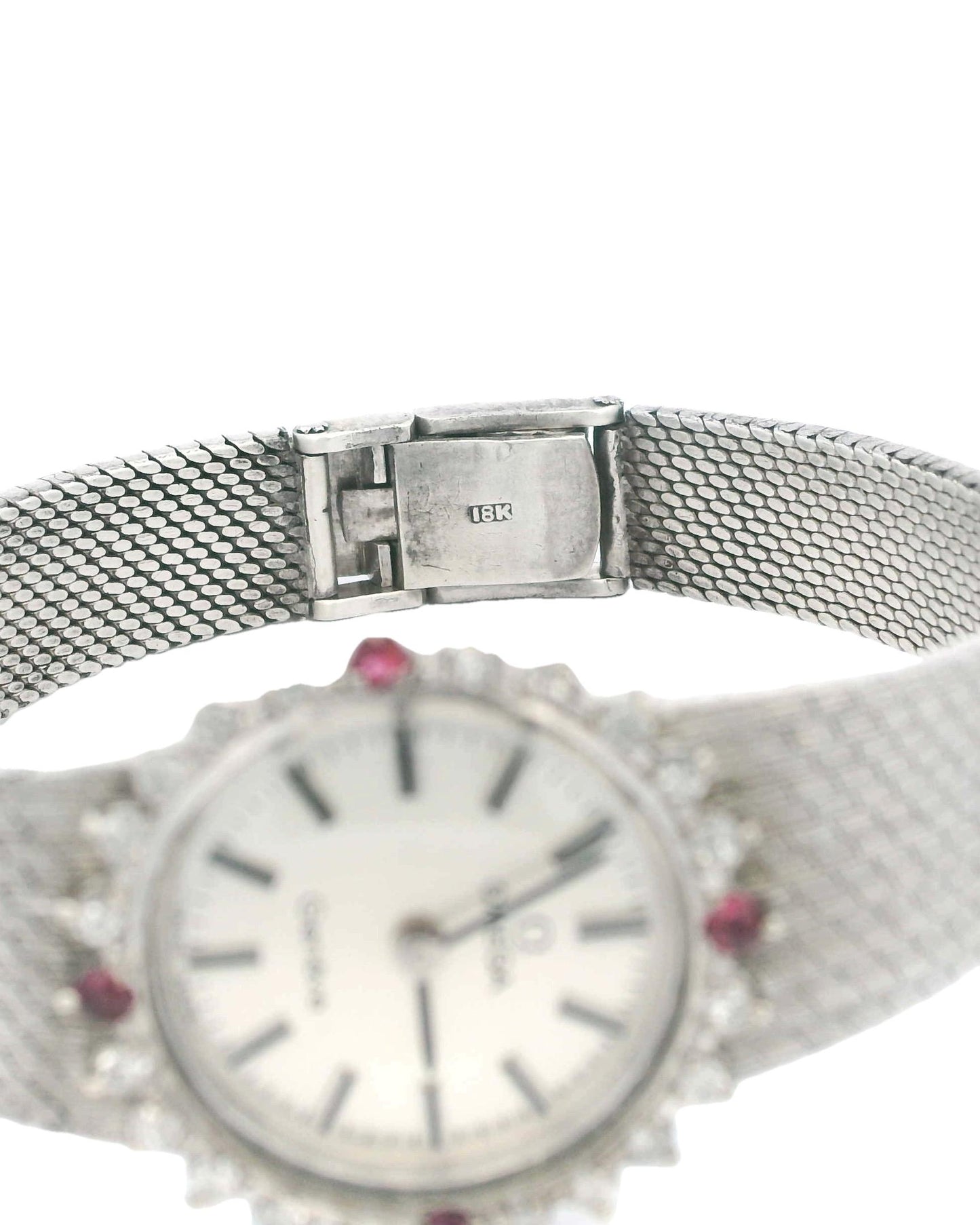 Omega 18K White Gold Diamond Bezel Mesh Bracelet Mechanical Ladies Watch