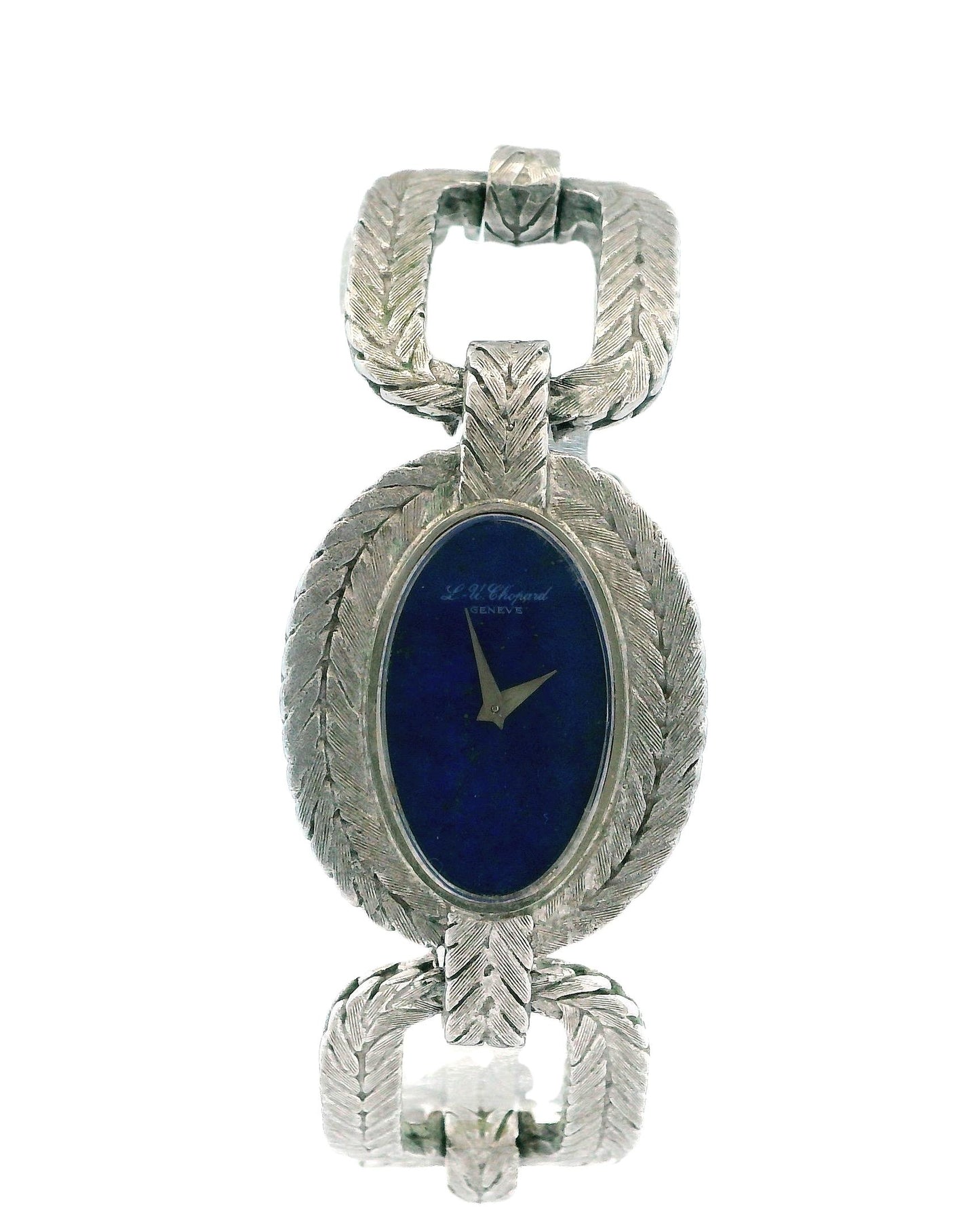 chopard oval lapis dial cush shp herringbone link brac 18kw