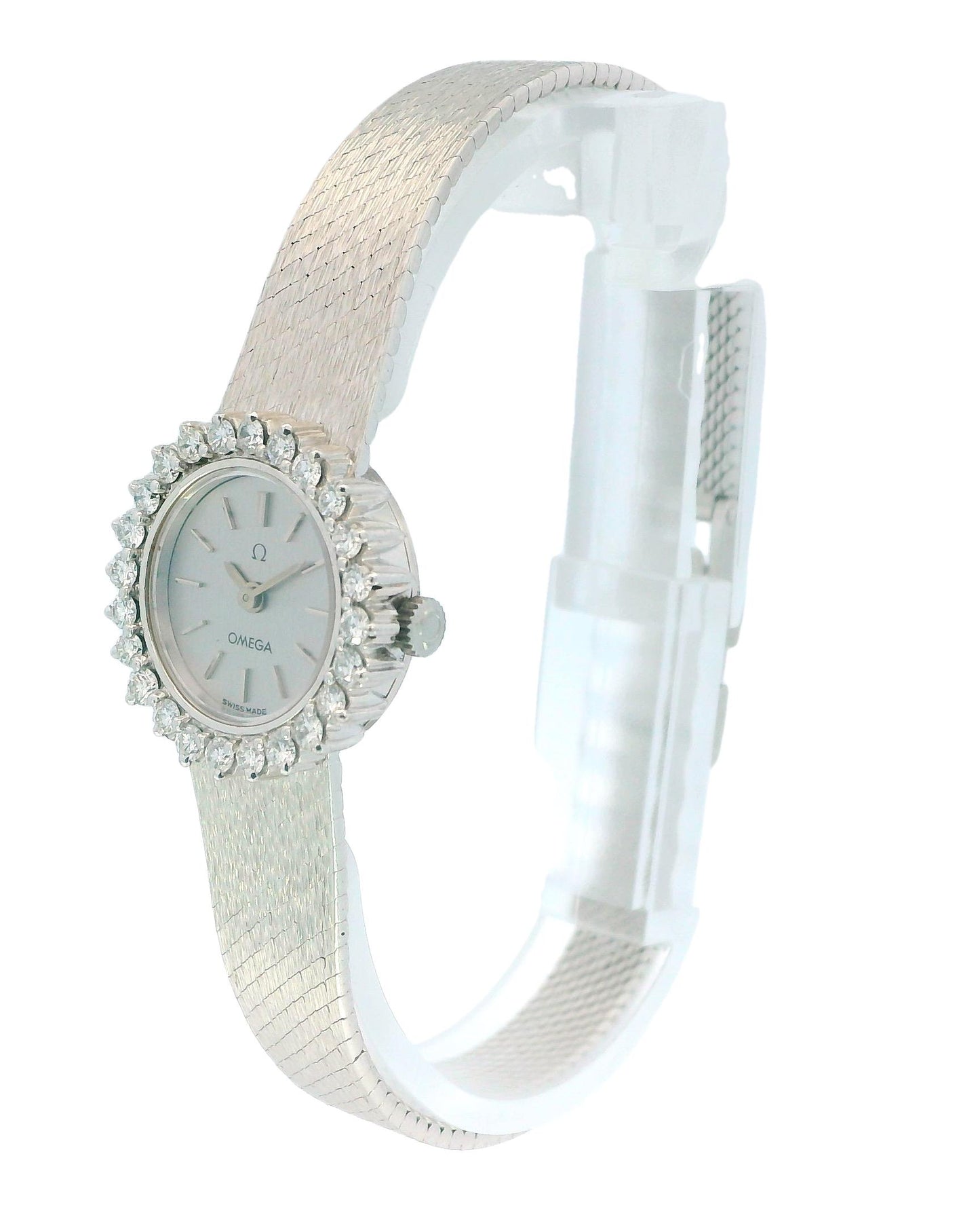Omega 18k White Gold & 1Ct Diamond Bezel Mesh Bracelet Ladies Watch