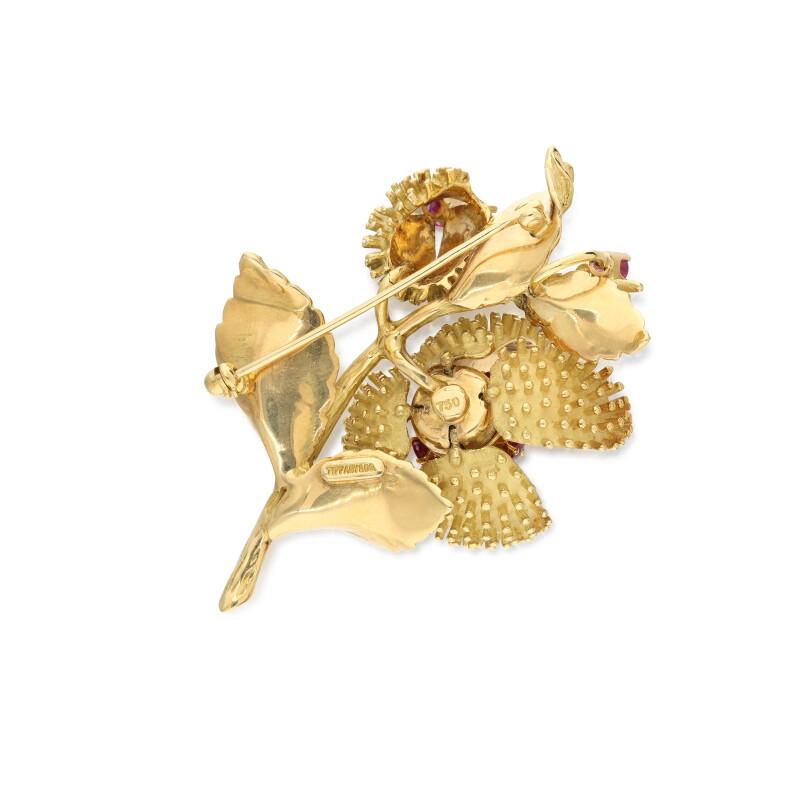 Tiffany & Co. 18K Yellow Gold, Ruby and Diamond Flower Brooch