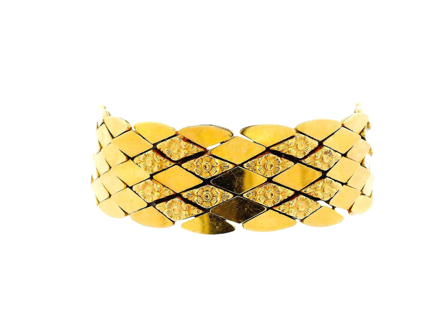18K Yellow Gold Diamond-Shaped Links with Four Floral Pattern Italian Bracelet