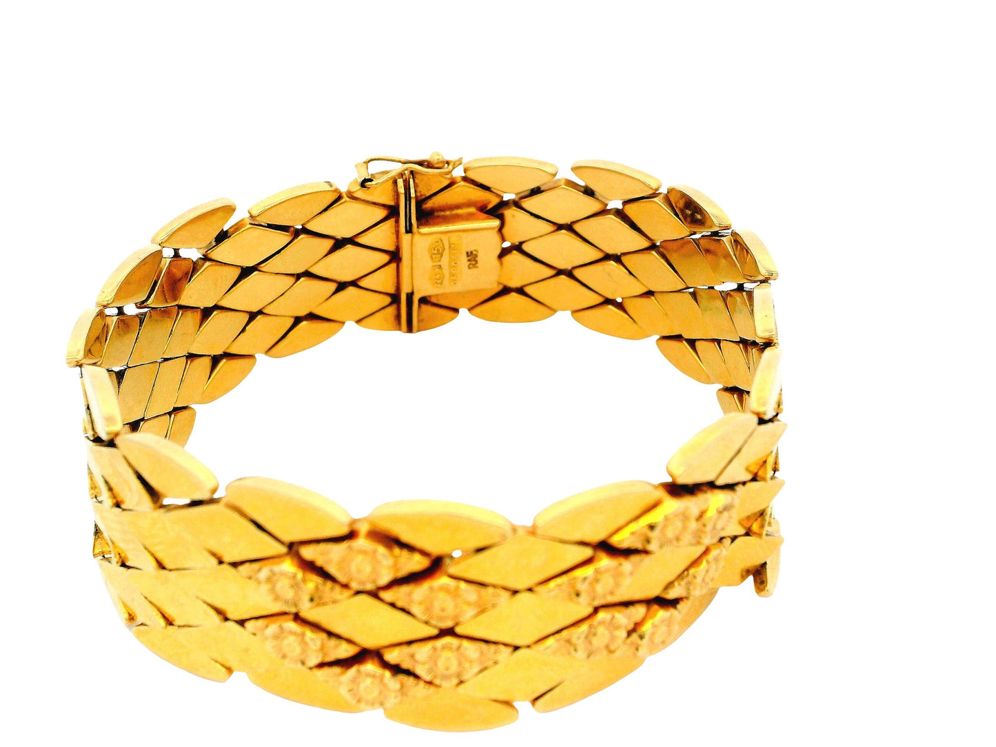 18K Yellow Gold Diamond-Shaped Links with Four Floral Pattern Italian Bracelet