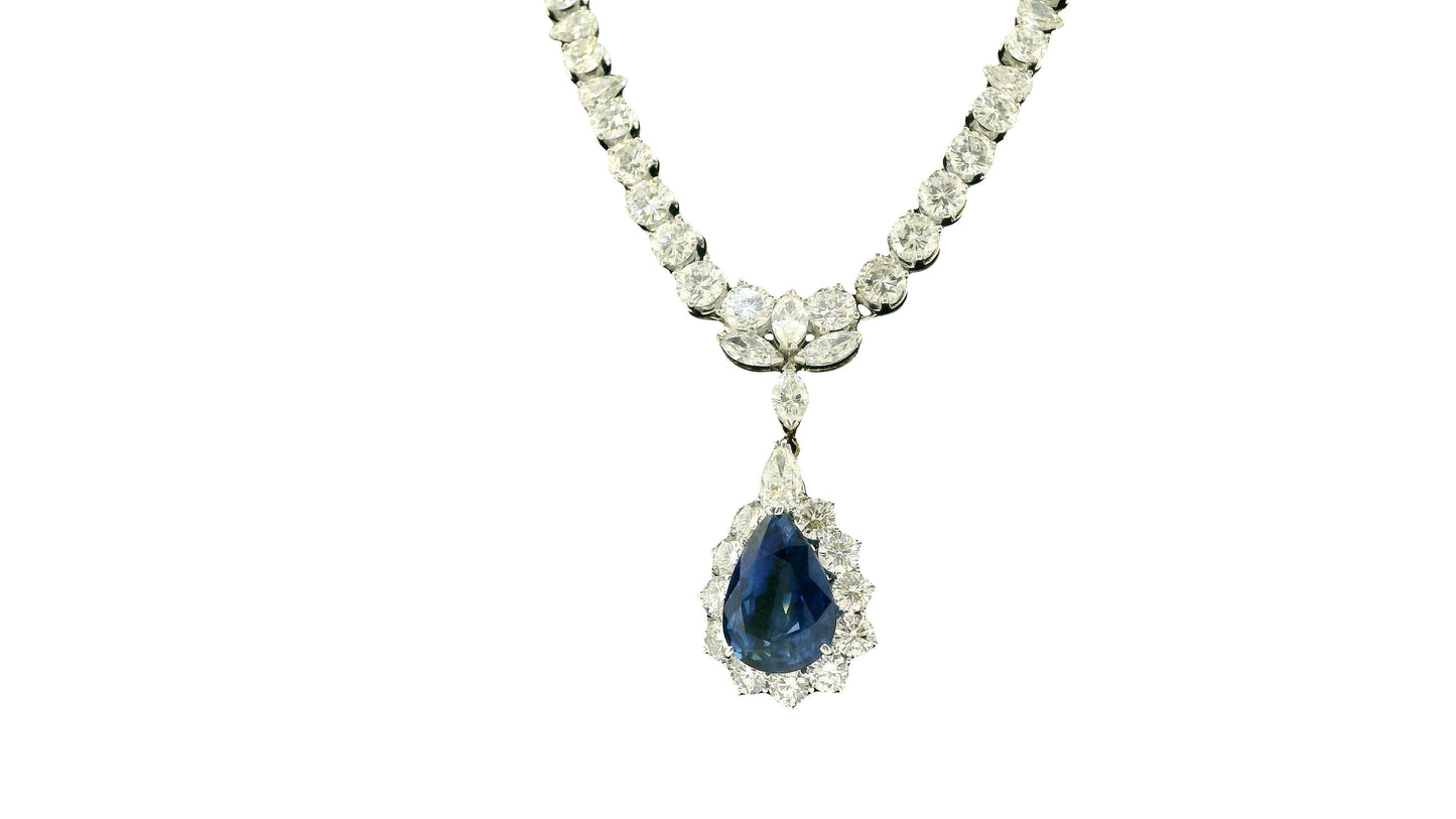 12.73-Carat Pear-Cut Sapphire Necklace with Diamonds in 14K White Gold