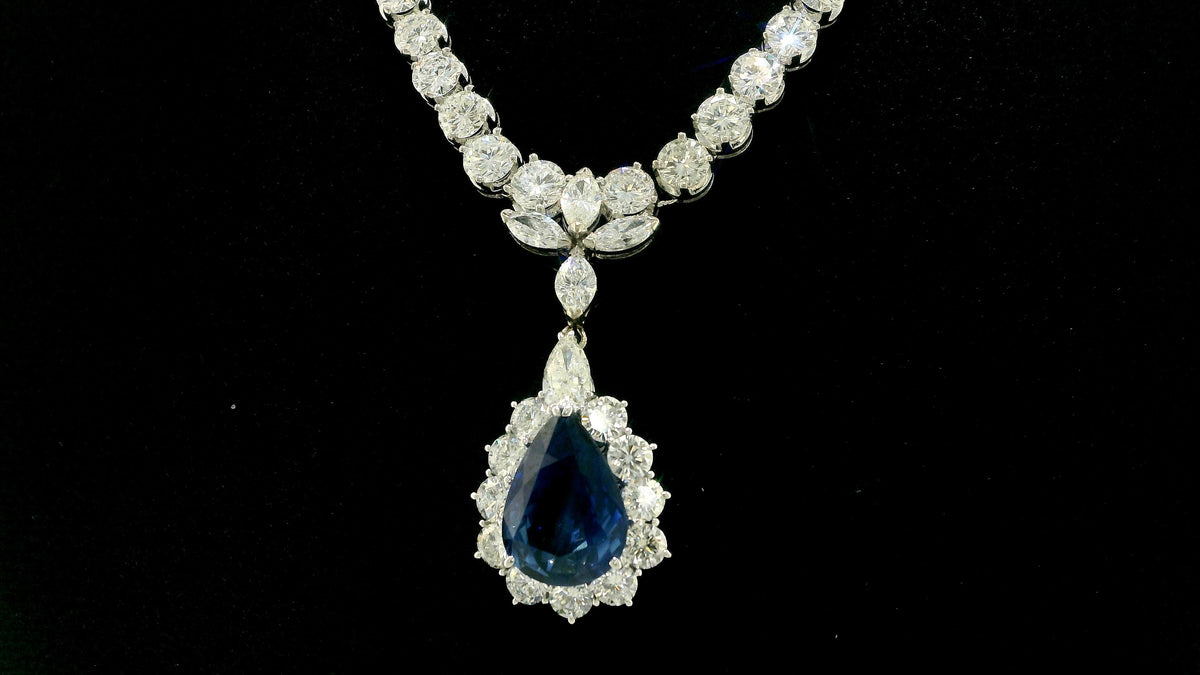 12.73-Carat Pear-Cut Sapphire Necklace with Diamonds in 14K White Gold