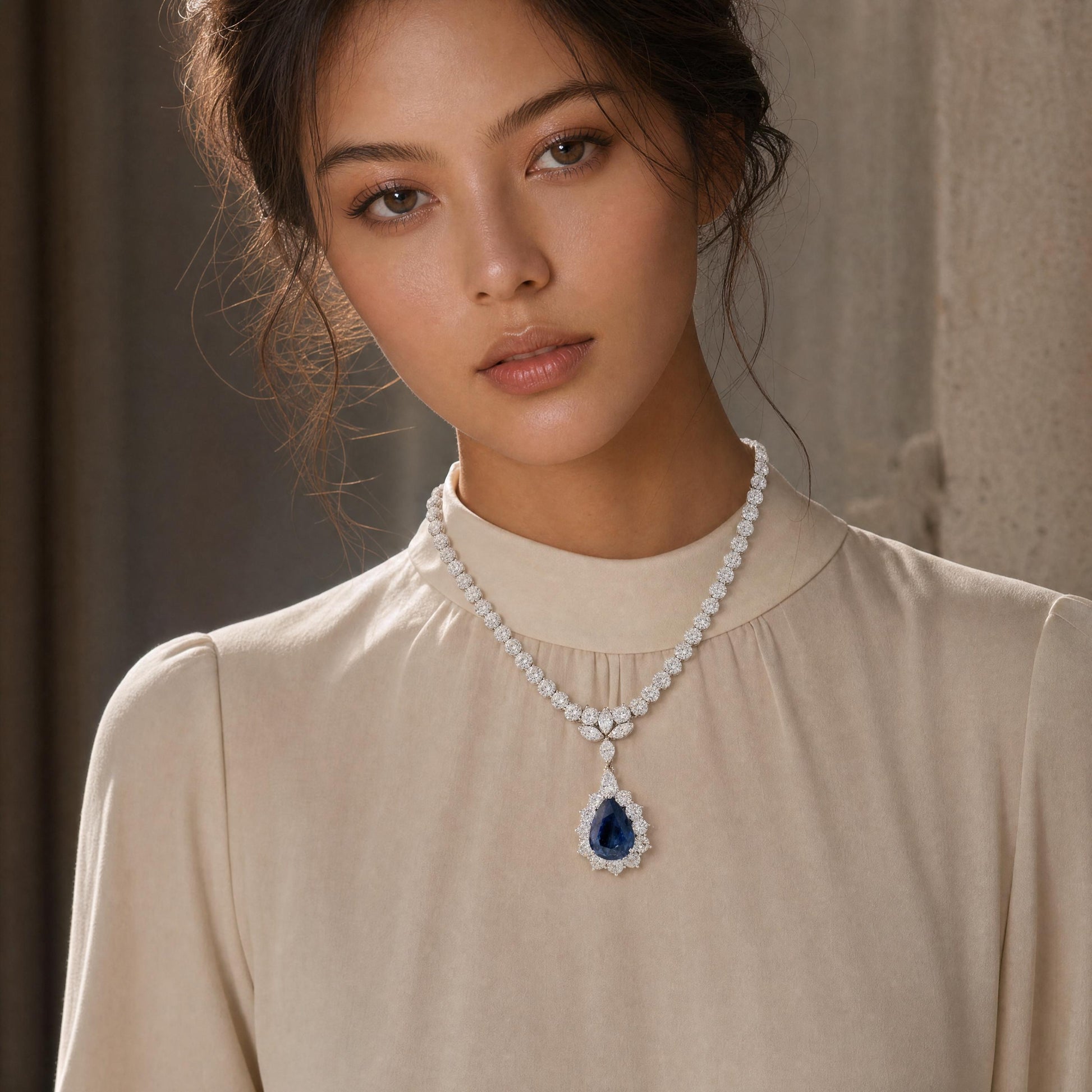 12.73-Carat Pear-Cut Sapphire Necklace with Diamonds in 14K White Gold