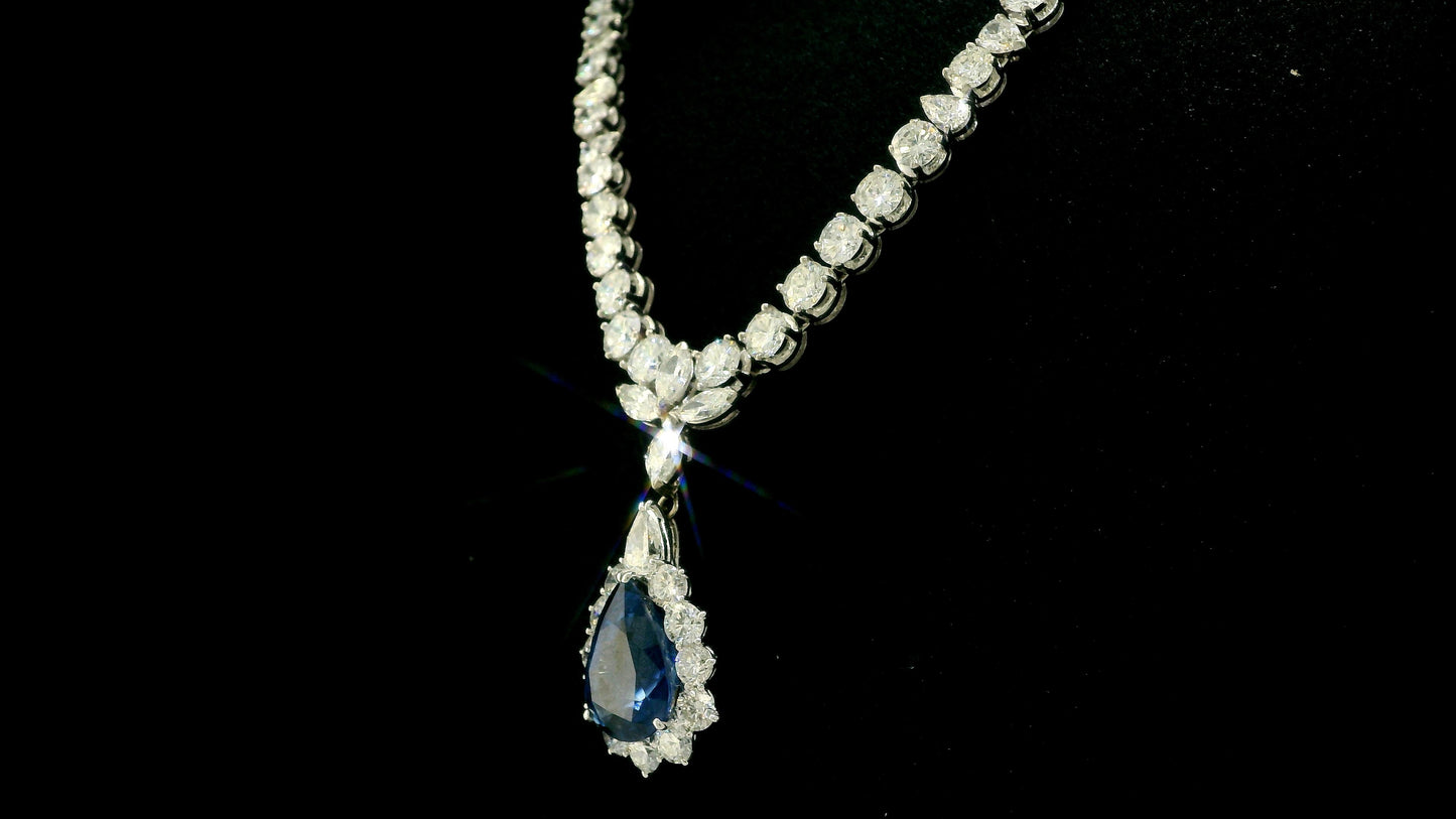 12.73-Carat Pear-Cut Sapphire Necklace with Diamonds in 14K White Gold