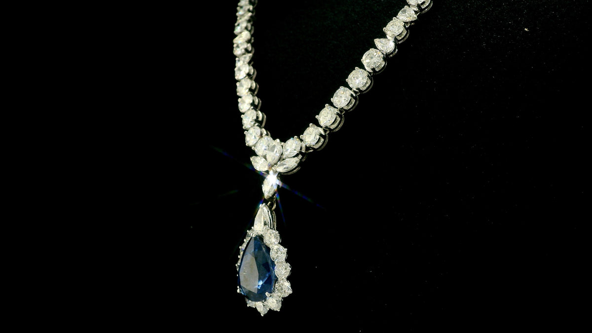 12.73-Carat Pear-Cut Sapphire Necklace with Diamonds in 14K White Gold