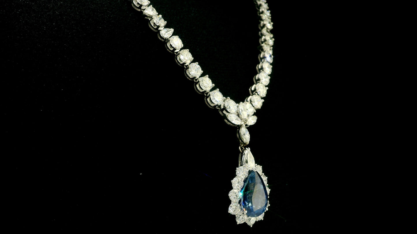 12.73-Carat Pear-Cut Sapphire Necklace with Diamonds in 14K White Gold
