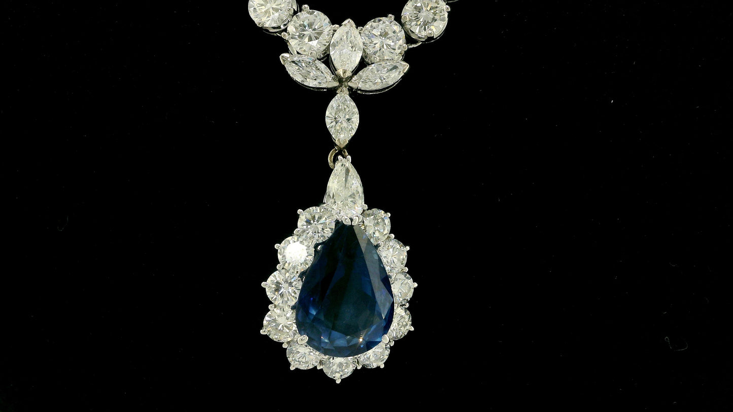 12.73-Carat Pear-Cut Sapphire Necklace with Diamonds in 14K White Gold