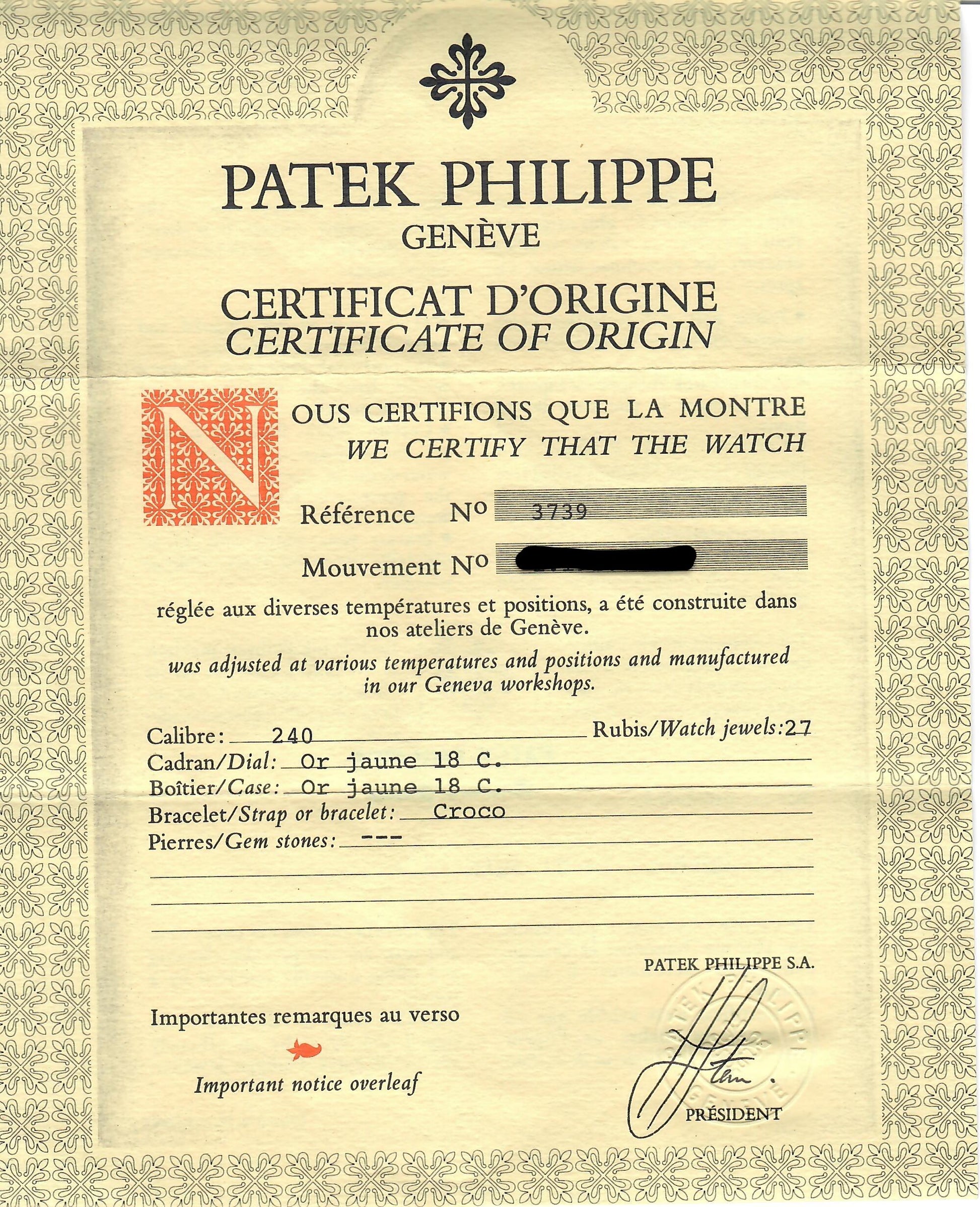 Patek Philippe Wide Ellipse 3739 18k Yellow Gold Watch & Papers