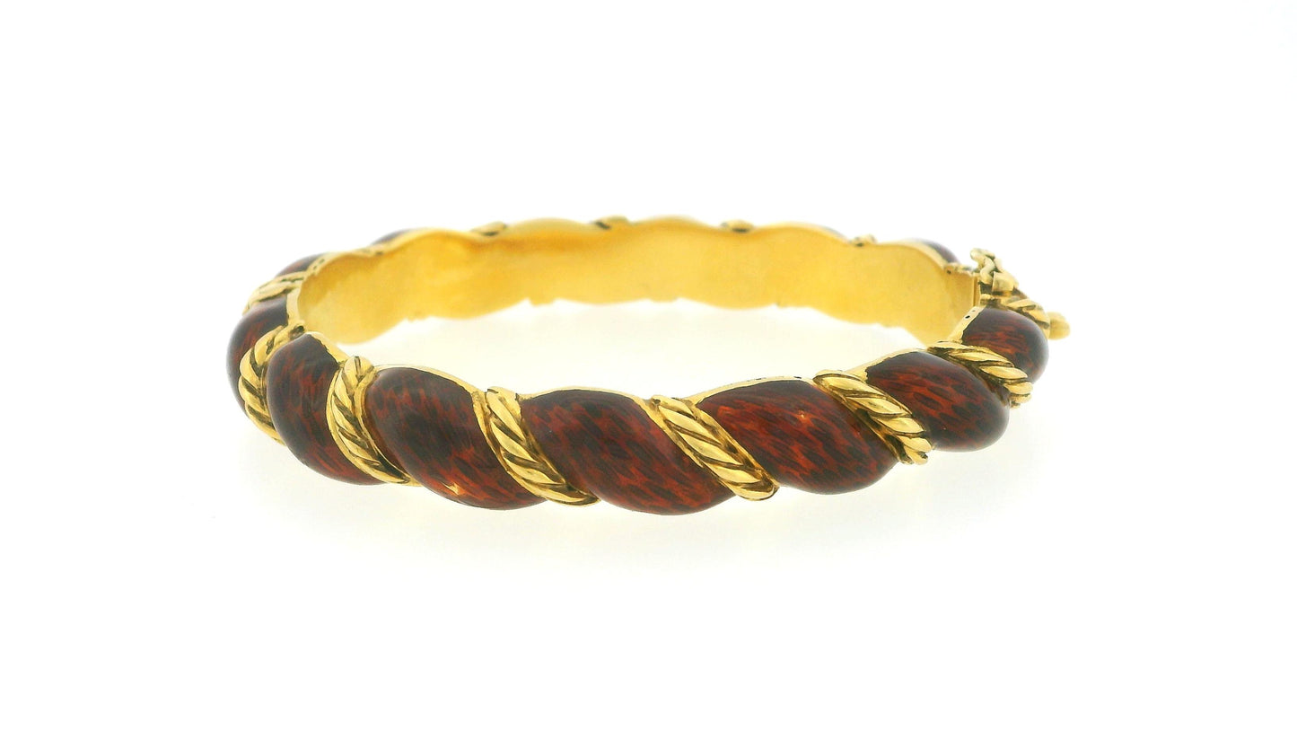 18K Yellow Gold Twist Bangle With Burgundy Enamel
